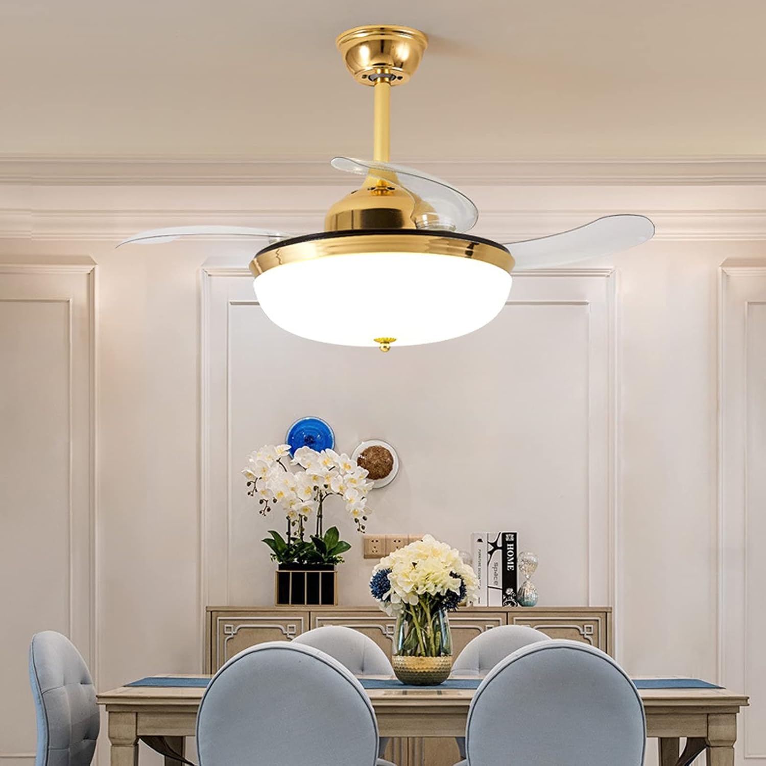 YUEGOO Ventiladores De Techo con Lámparas, Ventiladores De Techo, Lámpara De Colgante Moderna De Ventilador De Pliegue con Cuchillas Retráctiles De Control Remoto Vacilable Luces Colgantes De Consumo
