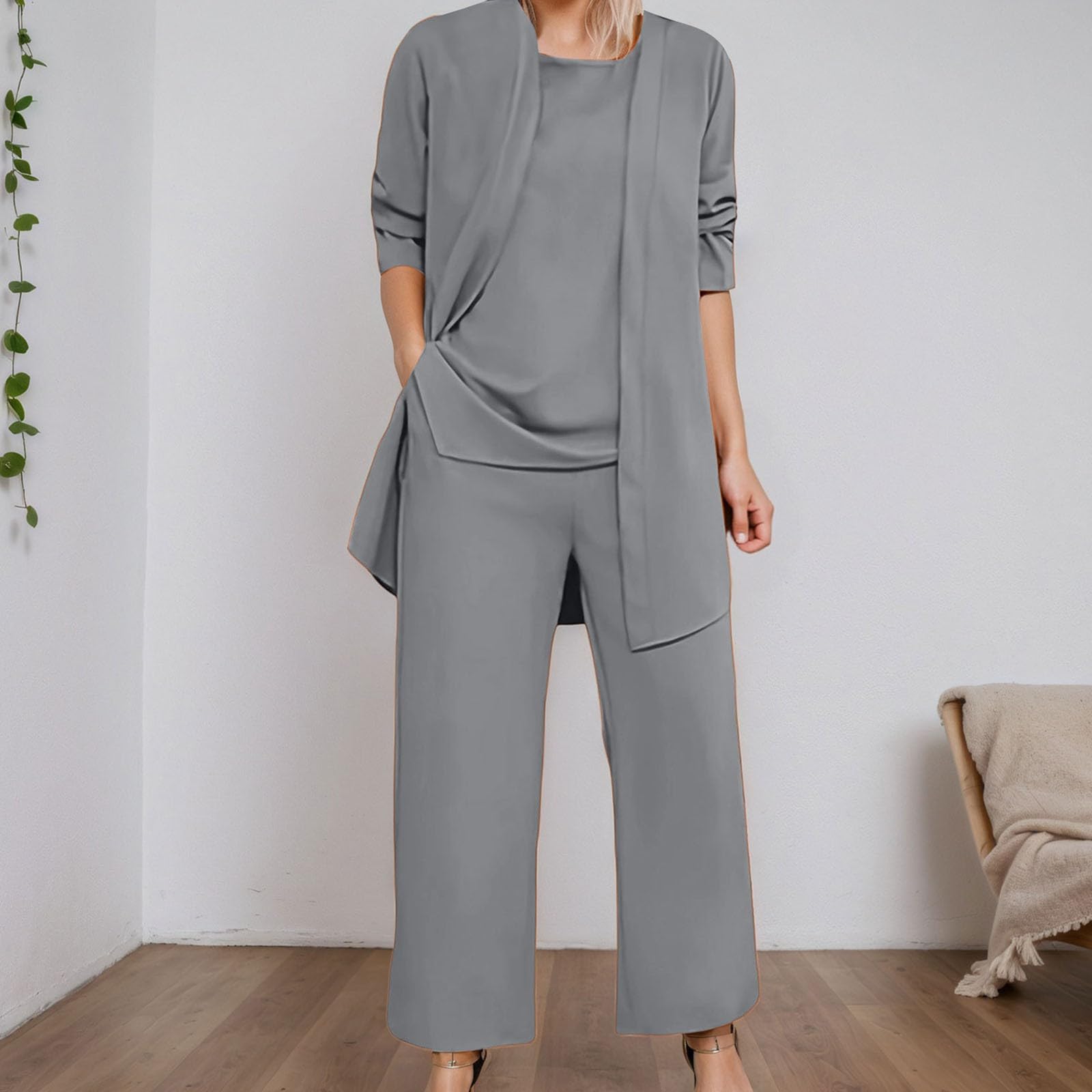 Generisch Hosenanzüge Damen Sommer 3 Teiler Chiffon Festlich Elegant Spitze Kleid Set Hochzeit Üro Business Outfit Dreiteilig Freizeitanzug Elegant Arbeitskleidung Damenanzug Abendanzug Sets