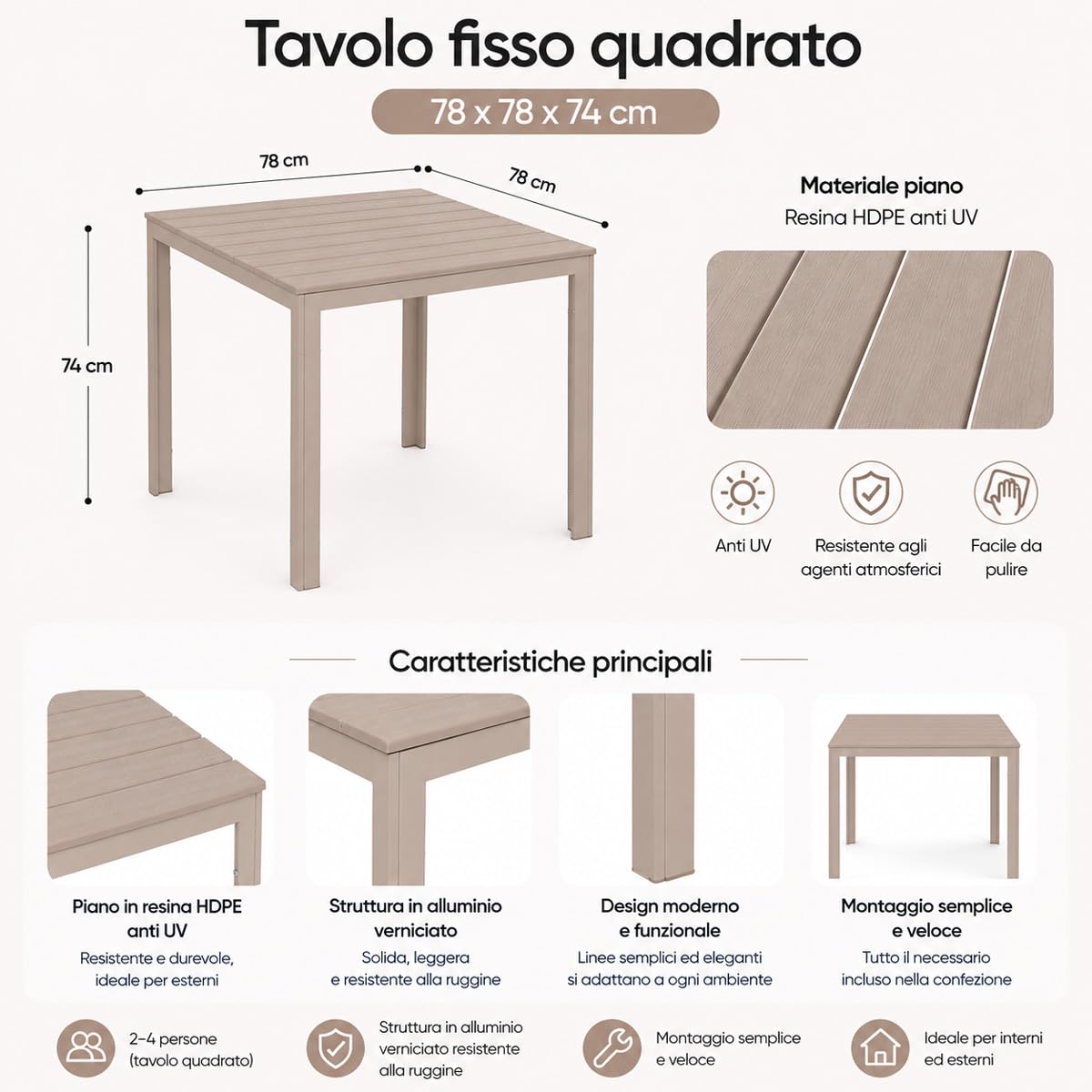 Brigros Tavolo da Giardino in Resina HDPE con Struttura in Metallo Verniciato a Polvere Top Anti UV per Esterno Terrazzo Balcone 78x78x74 cm Tortora