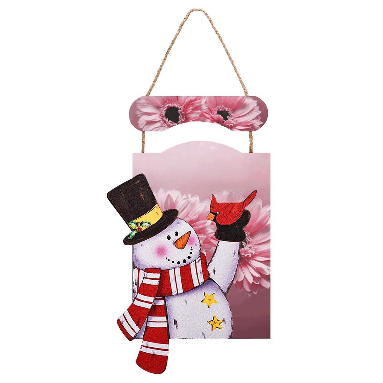 Two Pink Floral Snowman Sign Wooden Hanging Door Sign Christmas Door Decor Christmas Snowman Wooden Hanging Sign Wall Art for Indoor Outdoor Porch Wall