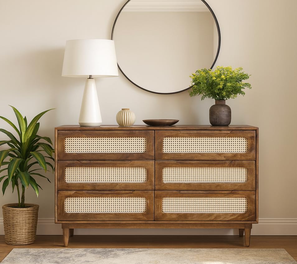 Image of Solid Wood Atlanta Chest of Drawer | Dresser with 6 Drawers | Wooden Chest of Darwers | Chest of Drawers with Cane /Rattan | Finish- Tubaq