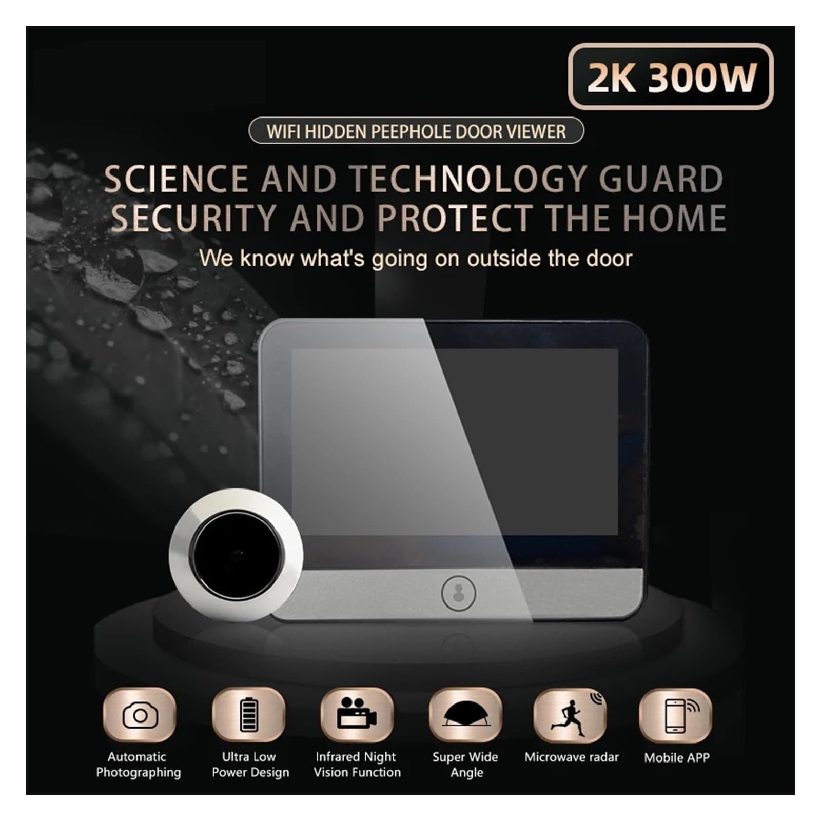 Campanello con display IPS da 4,3" ad alta capacità, spioncino digitale, telecamera for porta, occhio di gatto, 120°, 2K300W, pixel, monitor for esterni Grandangolo(6 inch)