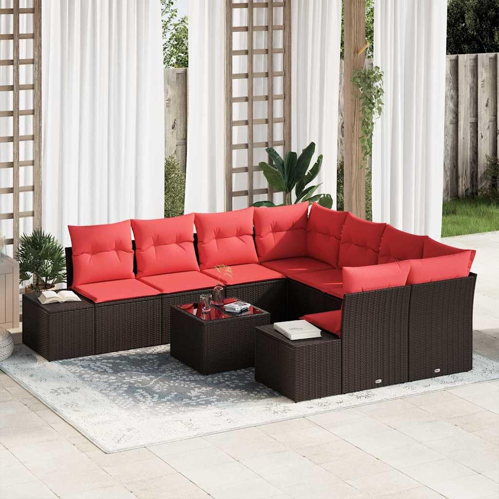 Ensemble de Canapé de Jardin 9 Pièces en Polyrotin Marron, Salon de Jardin Modulable avec Table en Verre Trempé et Coussins, Mobilier d'Extérieur pour 8 Personnes sur Terrasse