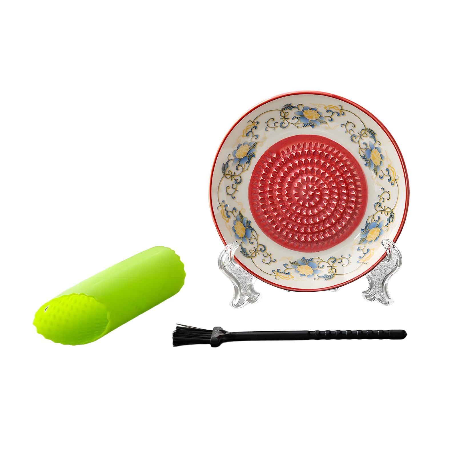 Nucelit Ceramic Garlic Gingers Shredders Manual Grater Grinder Plate Embossing Design with Peeler and Brush for Everyday Cooking Garlic Mincer