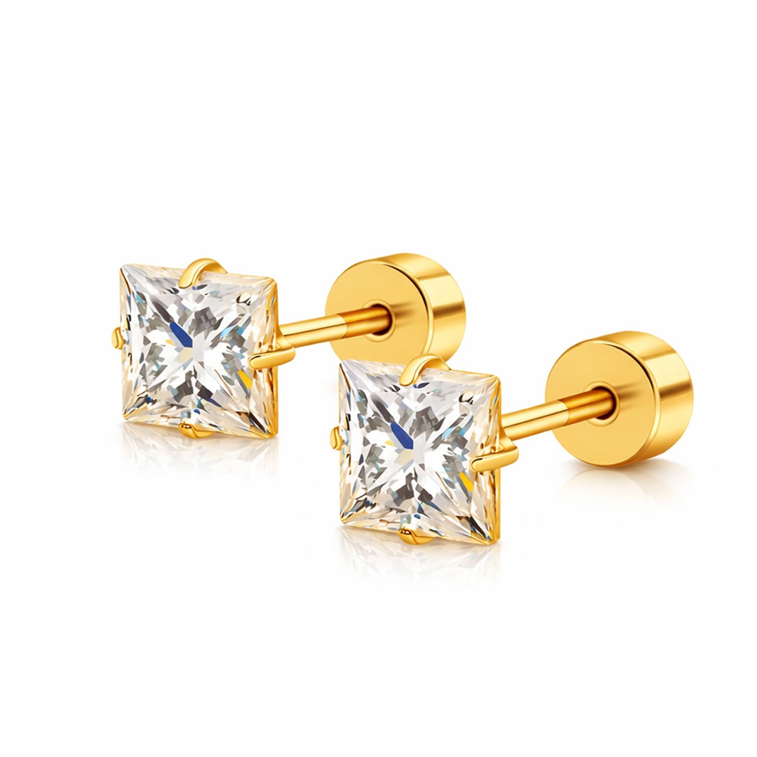 FASHIONS 4mm 18K Gold Plated Stainless Steel Anti Tarnish Square Shape White Stone Piercing Ear Stud Hypoallergenic Lightweight Studs Earrings for Men & Boys-image-3