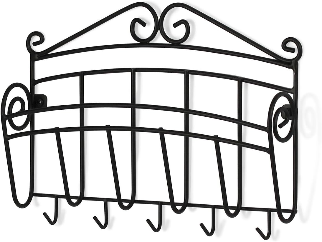 Spectrum Scroll Key and Mail Holder for Wall with Five Steel Hooks for Coats Leashes Purses, Wall Mounted Entryway Organizer, Letter Rack, Decorative Metal Storage for Home Office Organization, Black