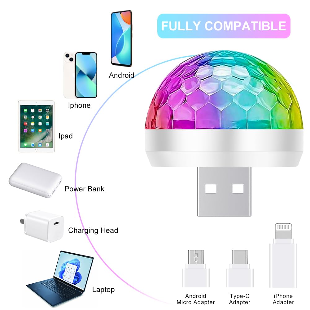 URAQT USB Lights Disco, Mini Disco Ball Lights, 4 kolorowe samochodowe lampki nastrojowe LED, Przenośne Mini Disco Lights RGB z 3 adapterami, Nadaje się na imprezę, klub, urodziny, karaoke (Biały)