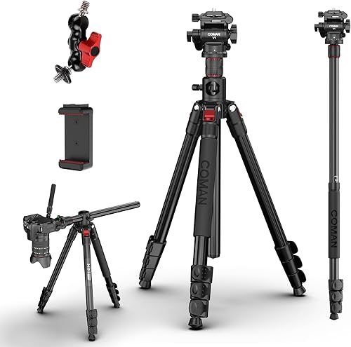 COMAN Trípode de cámara superior de 72 pulgadas, trípode horizontal para cámara con placa QR de cabezal fluido, monopie desmontable, trípode