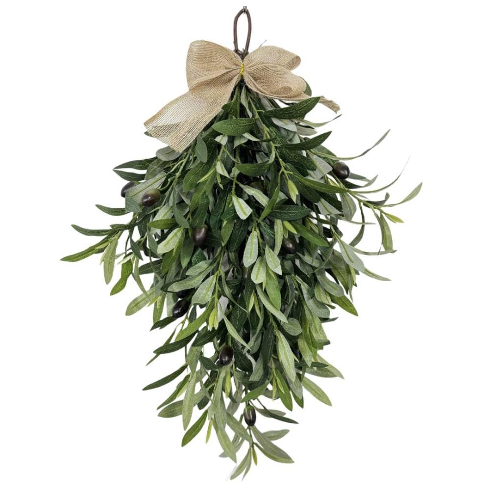 24 Inch Olive Branch Teardrop Wreath for Front Door, Extra Full Faux Olive Leaf Swag, Swag Wreath Easter Holiday with Bow Realistic Olive Home Wedding Arch Party Home Wall Garden Decorations