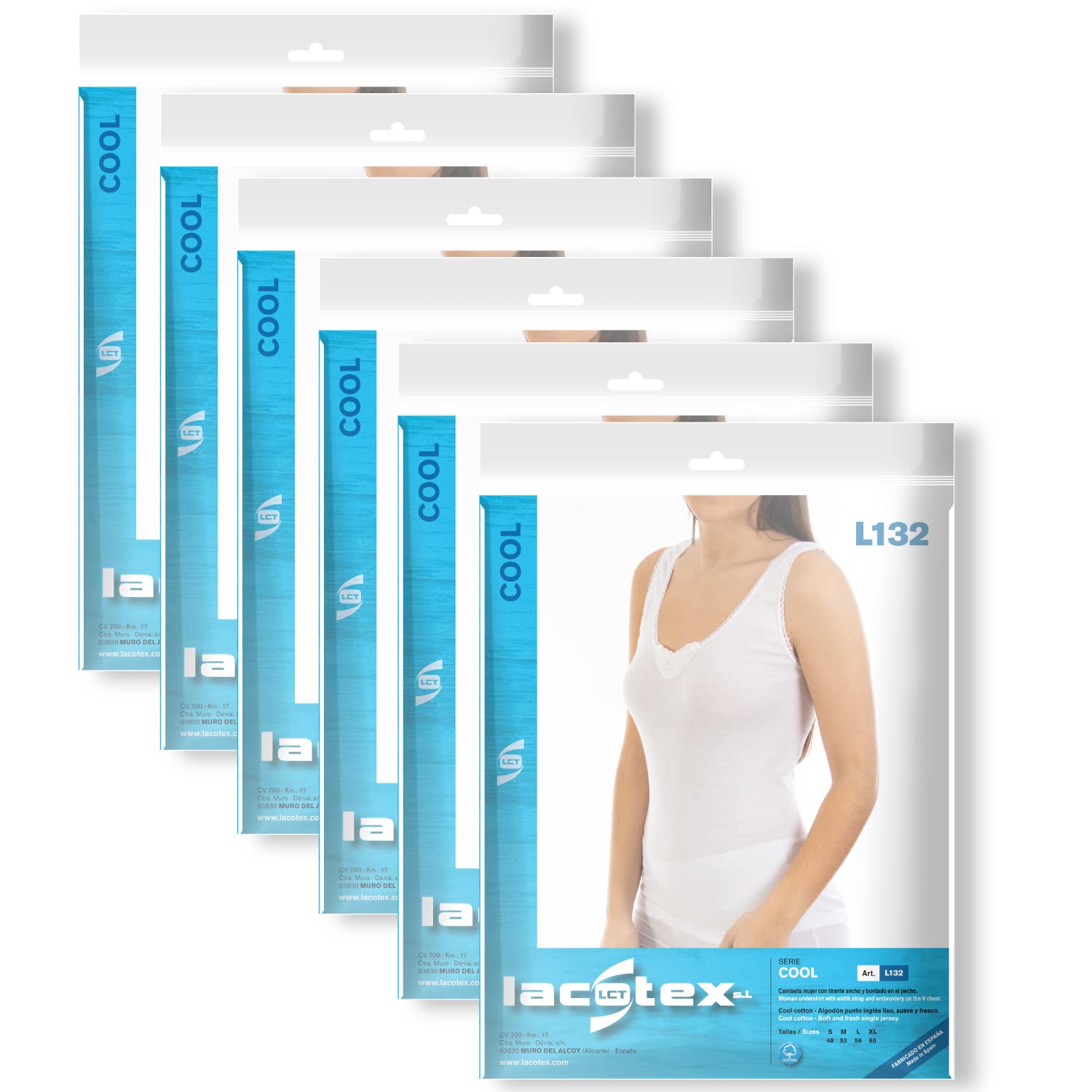 Lacotex Camiseta Interior Punto Inglés Liso de Mujer | Camiseta De Tirante Ancho y Bordado en el Pico | Confort y Suavidad | Pack Ahorro 3 Unidades | Talla XL LCT132