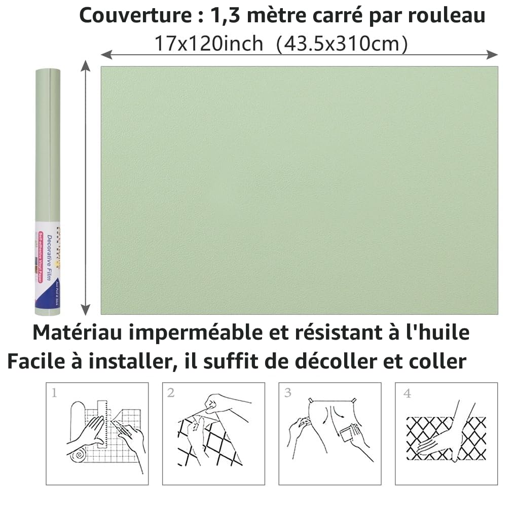 Arthome Vert Mat Contact Papier Peel and Stick 44cmx3m Papier Peint Vinyle Décoratif Autocollant pour Meubles Décoration Murale