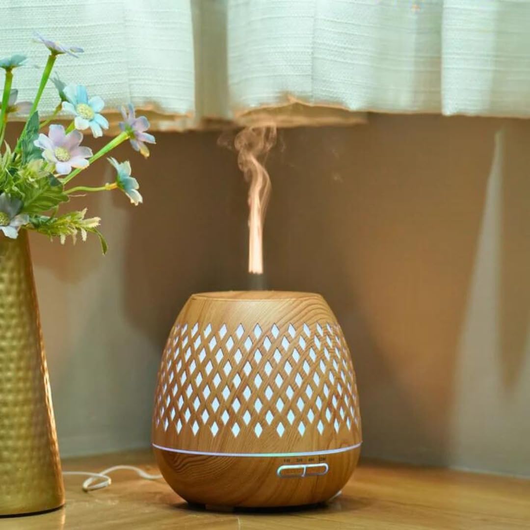 Essential Oil Diffuser, Aromatherapy Diffuser 500ml with Remote Control, 4 Timer & Auto-Off Safety Switch, 7 Color LED Lights Mode, 10 Hours Quiet Humidifier for Bedroom, Office & Home (E.Light Woody)
