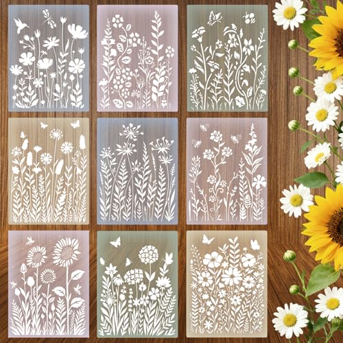Jaloro 9 Pcs Large Wildflower Wall Stencils for Painting 11x14.5 Inch Large Flower Stencils for Painting on Walls Wood Reusable Plastic Floral Stencil for DIY Furniture Wall Home Craft Art