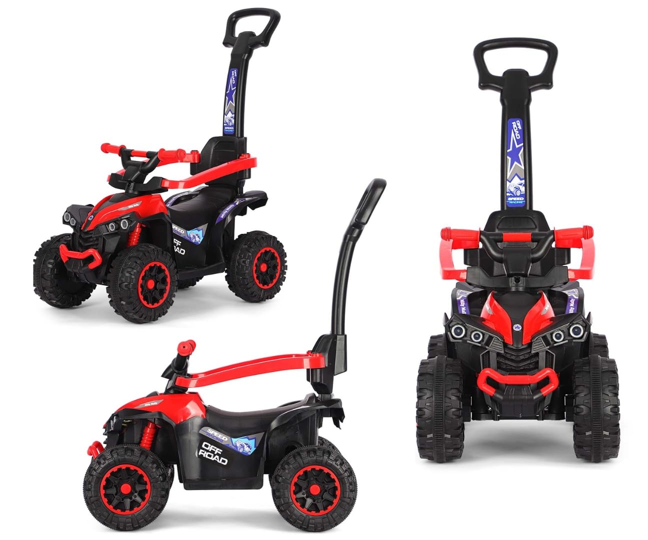 Milly Mally Wild Kinder Rutschauto mit Schubstange | 3-in-1 Offroad Quad Kinderfahrzeug für Kleinkinder 12-36 Monate | Rutschfahrzeug mit LED-Licht, Sound & Schutzbügel bis 25 kg (Red)