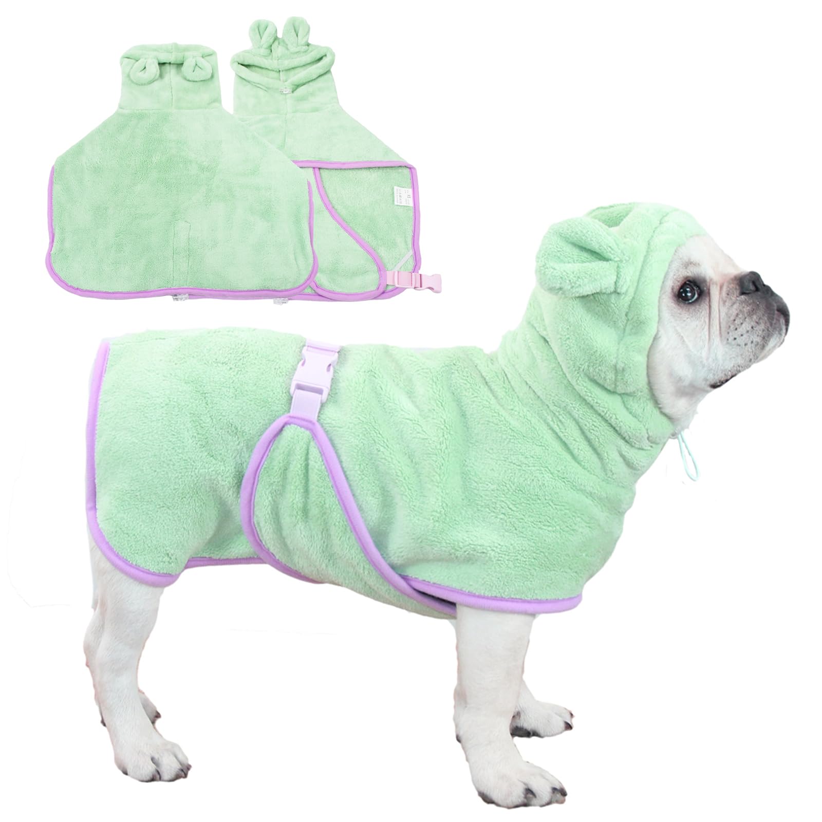 Fnaobai Pet Bathrobe for Dog Cat Absorbently Quick Drying Coat Cute Dogs Bath Towel Hooded Robe Adjustable Collar & Belly Strap for Pool Beach (Green, X-Small)