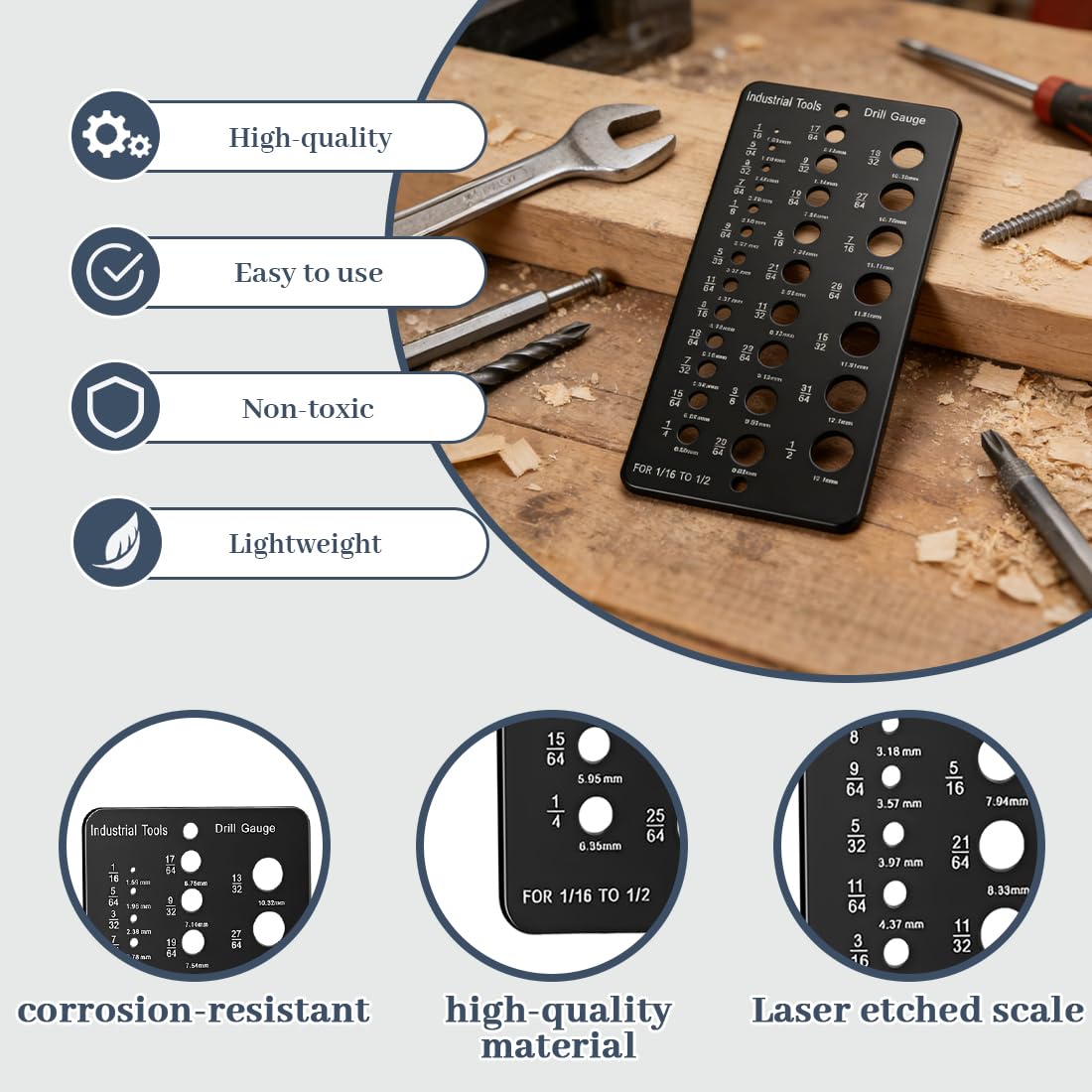 Calibro Punte Trapano 1/16–1/2 Pollice, Drill Gauge in Metallo Nero, Misuratore con Incrementi 1/64, Strumento Identificazione Punte per Officina Fai da Te
