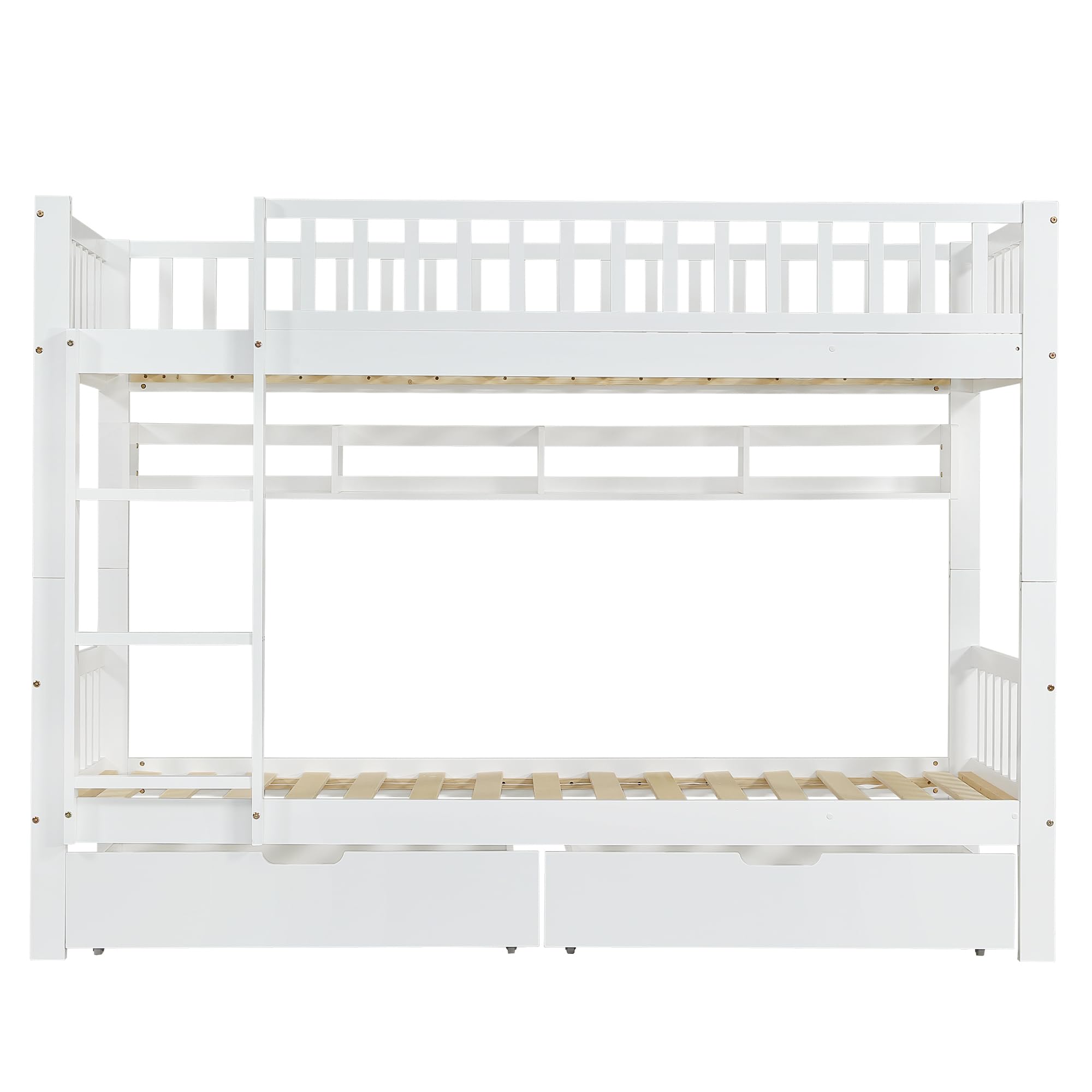 Lettino per bambini a castello 90x200 cm per 2 bambini, letto a soppalco con 2 cassetti e ripiani, struttura in legno con protezione anti-caduta e rete a doghe, 2 letti singoli, telaio in legno