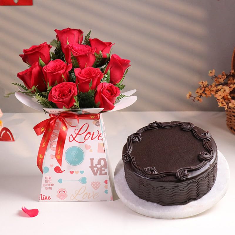 FlowerAura Premium Combo of Fresh Live 10 Red Roses Flower Bouquet With Delicious 500g Chocolate Cake For Birthday | Anniversary | Valentine's Day | New Year | Christmas (Same Day Delivery)-image-32