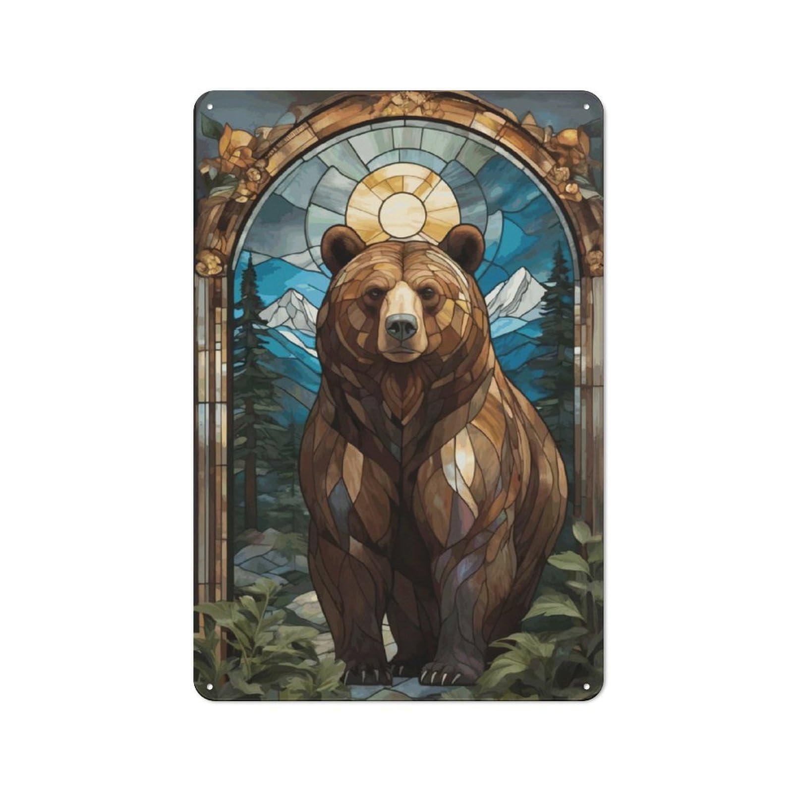 Junmoney Bear Stained Glass Retro Metal Sign 30X20cm For Garden Room Or Summerhouse, A Decorative Christmas Gift For Summerhouse Decorators