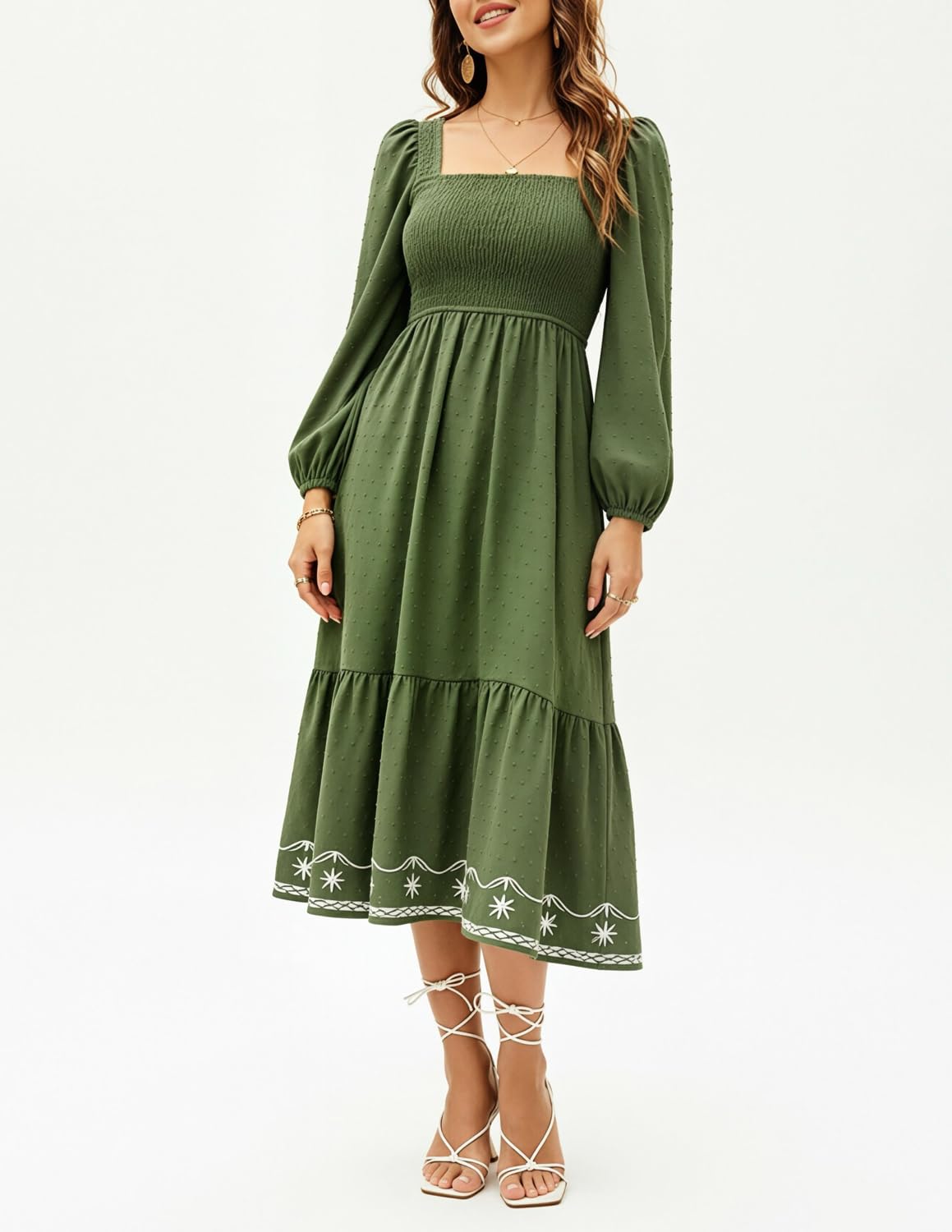 Damen Midikleid Langarm Quadratausschnitt Boho Kleid mit Stickerei Smocked Taille luftiges Freizeitkleid für Alltag Urlaub Party