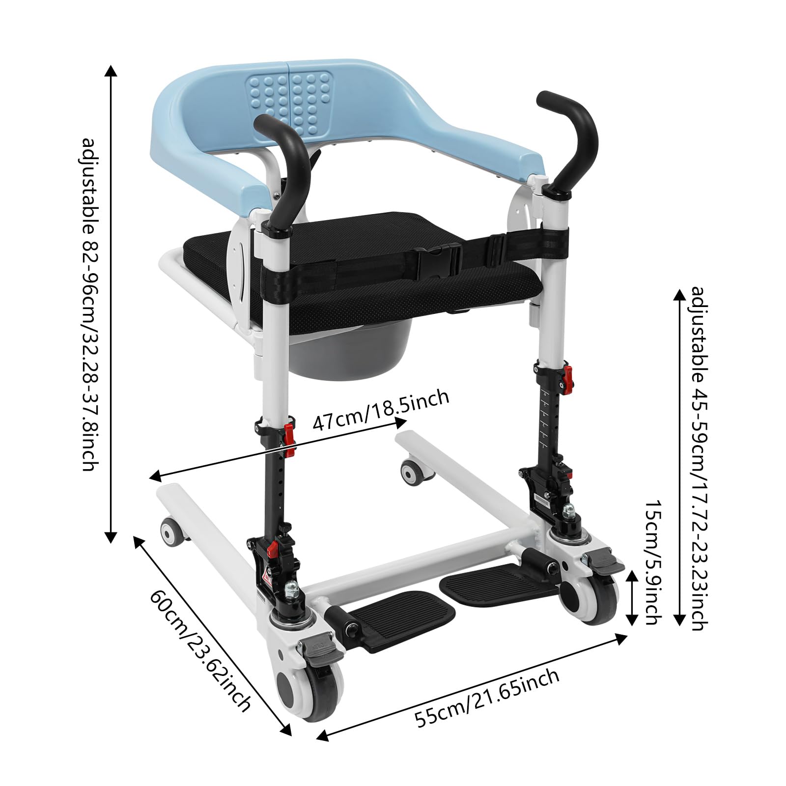 Silla elevadora de pacientes 4 en 1, altura regulable de 82 a 96 cm, plegable, aluminio, capacidad de carga de 120 kg, asiento de 180°, con ruedas de freno, cubo extraíble, para personas mayores en