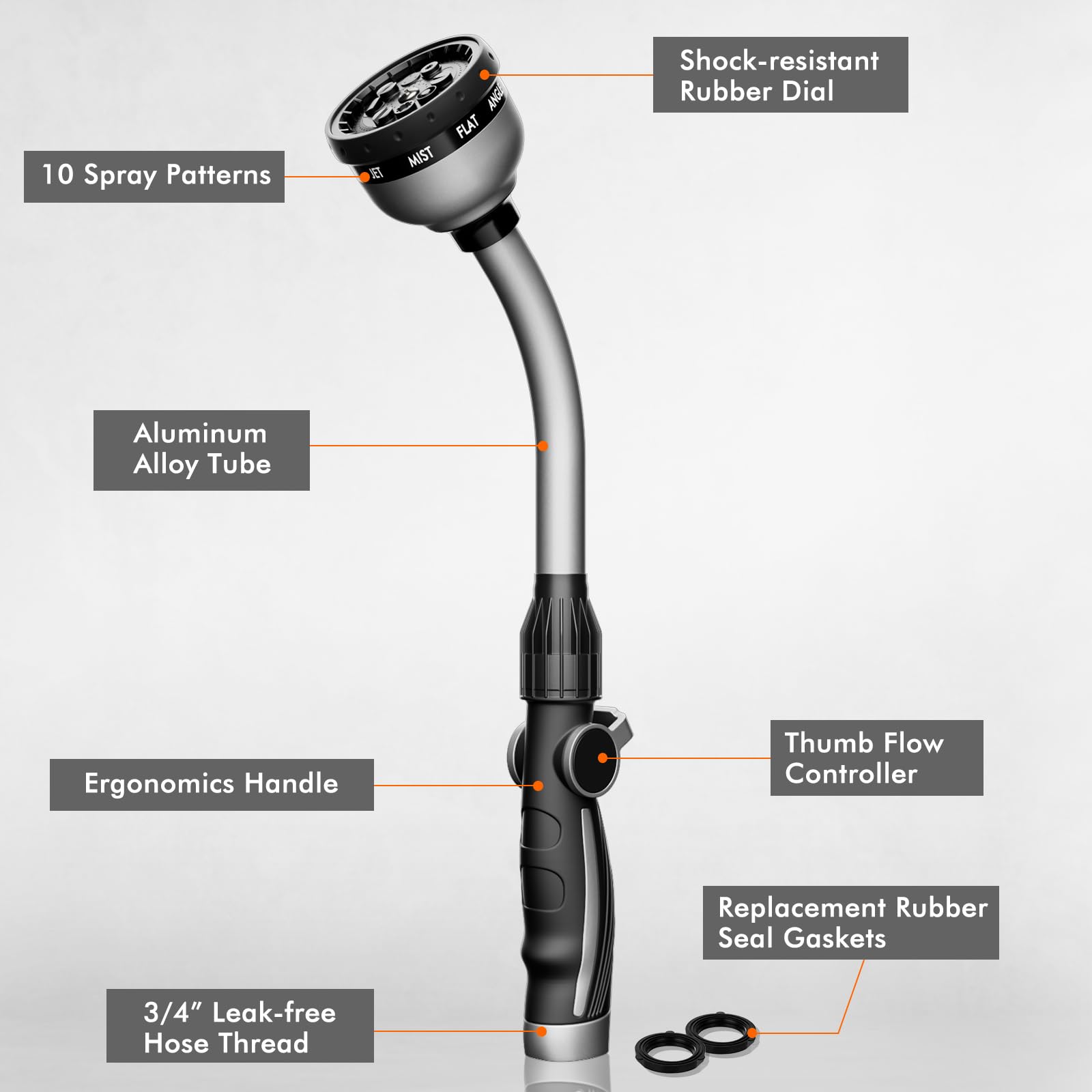 RESTMO Bacchetta per irrigazione resistente, in metallo, con controllo del flusso del pollice, ugello per tubo lungo 38 cm con 10 modalità di spruzzo, ideale per annaffiare cesti e arbusti, argento