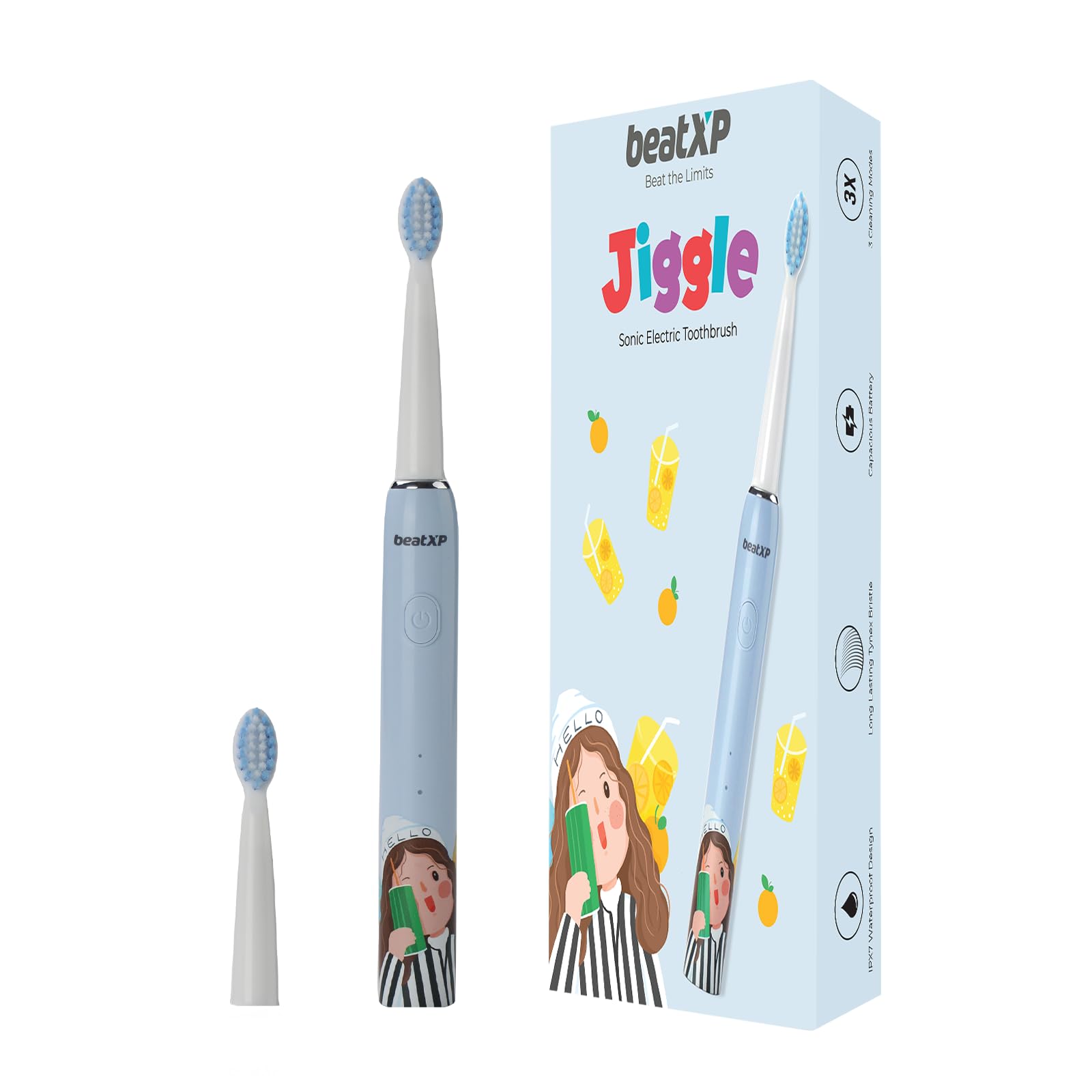 beatXP Jiggle Sonic Electric Toothbrush for Kids with 2 Brush Heads & 3 Cleaning Modes | Rechargeable Electric Toothbrush | 20500 strokes/min with Long Battery Life (Baby Blue)
