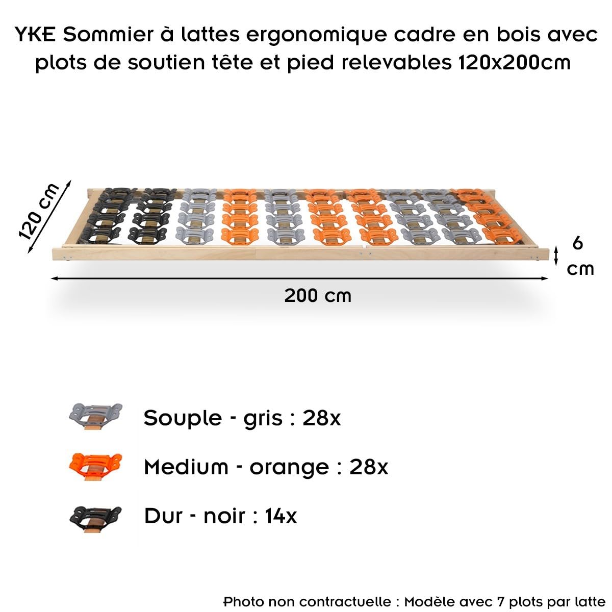 YKE Sommier ergonomique à lattes, tête et pied relevables 120X200 cm