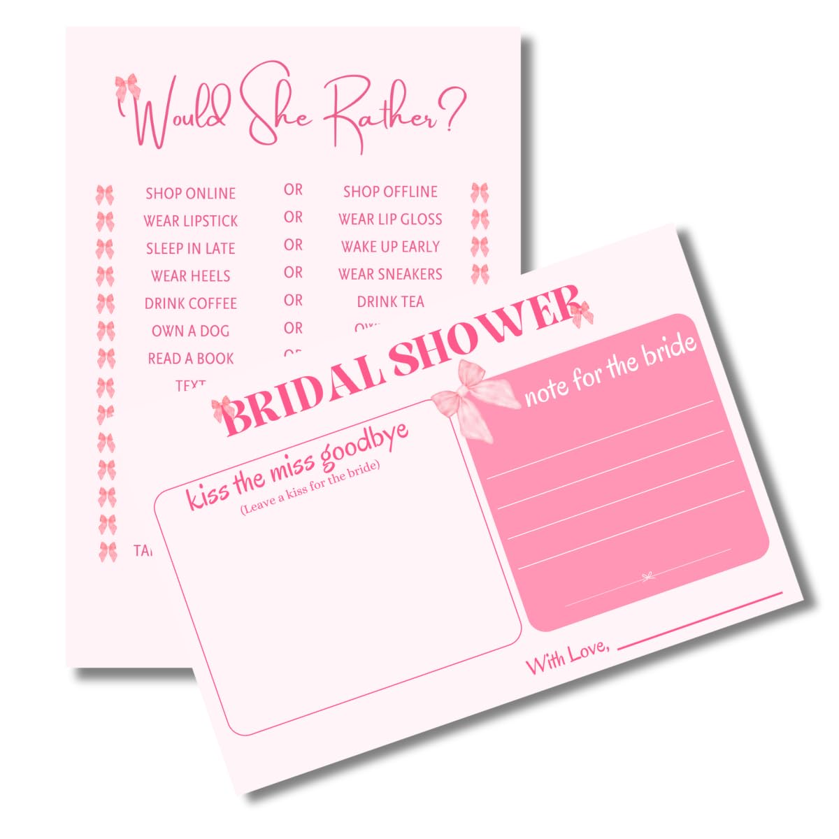Bridal Shower Games Pack – 10 Cards (5 Each: Kiss the Miss Goodbye & Would She Rather) | Fun Bachelorette Party & Hen’s Party Games | Bride-to-Be Celebrations & Farewell Party | Elegant Bow Theme-image-8