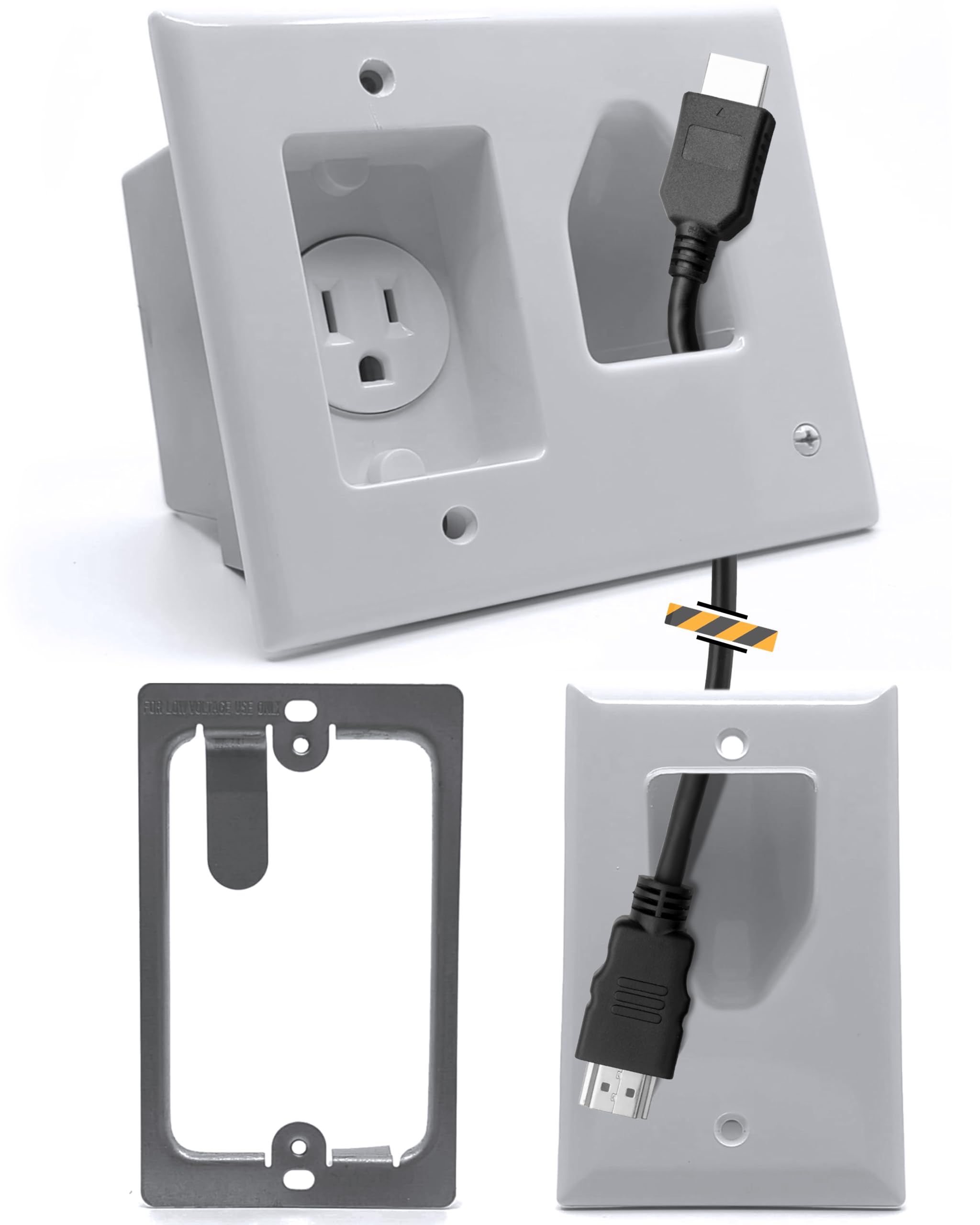 Datacomm Recessed Low Voltage Cable Plate with Recessed Power Kit - White - DATACOMM RECSSD CBL PLTE REMLDNG KT ELEC OTLT WHT (45-0021-WH-KIT)