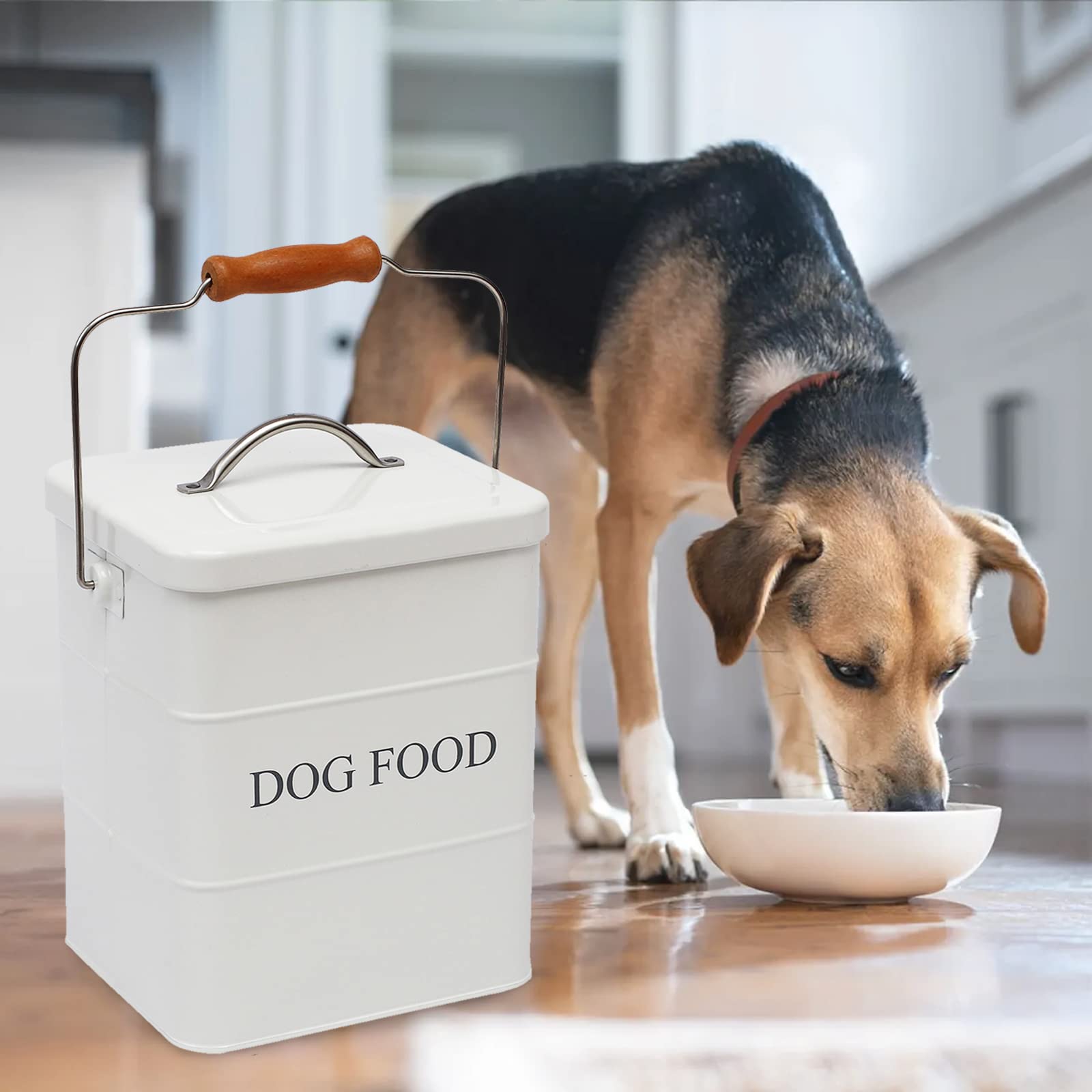 Geyecete - Contenitori per alimenti per animali domestici, in acciaio al carbonio rivestito, con coperchio e cucchiaio,per Cibo per Cani,Capacità 6L-Bianco