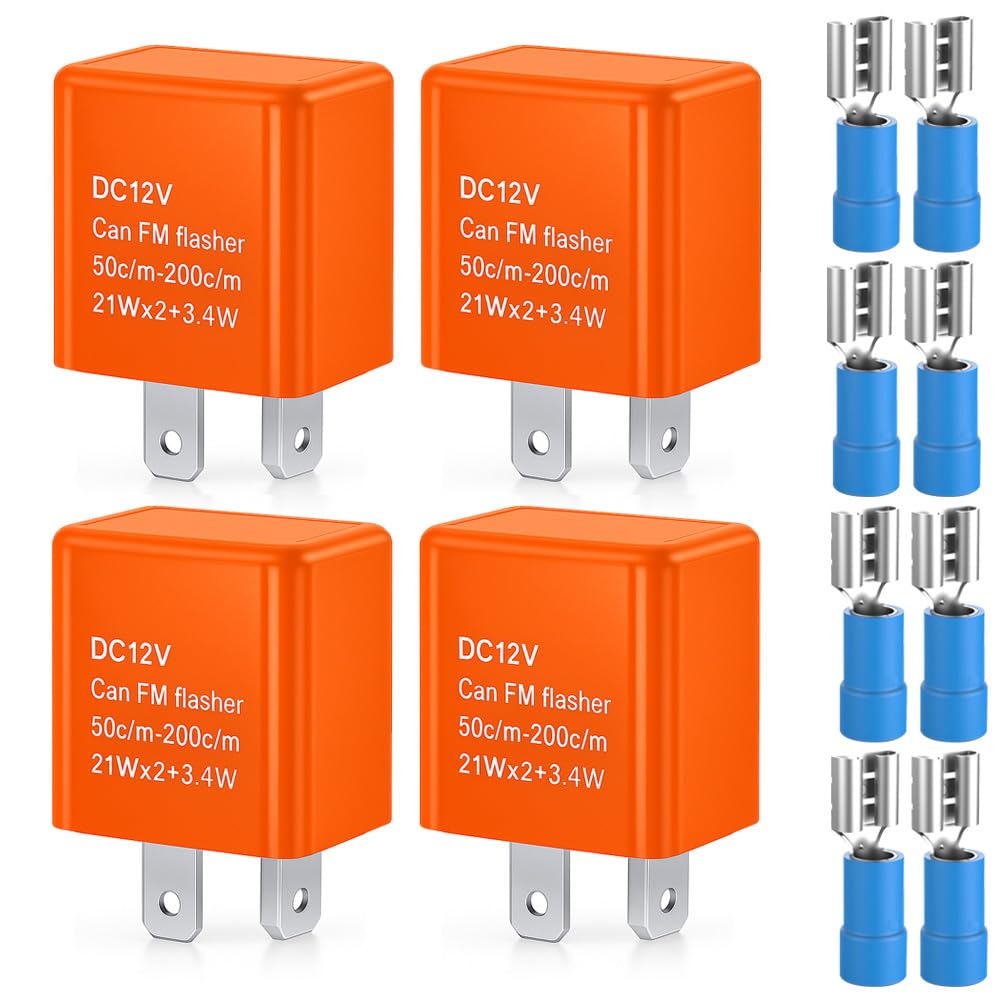 4pcs Universal 12V 2-Pin Flasher Relay, Auto Motorcycle LED Turn Signal Flasher, Speed Adjustable Electronic Turn Signal Hyper Flash Indicator Light, Blink Relay (Orange)