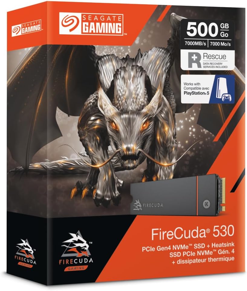 Seagate FireCuda 530 500GB Solid State Drive - M.2 PCIe Gen4 ×4 NVMe 1.4, PS5 Internal SSD, speeds up to 7300MB/s, 3D TLC NAND, 640 TBW, 1.8M MTBF, Heatsink, Rescue Services (ZP500GM3A023)
