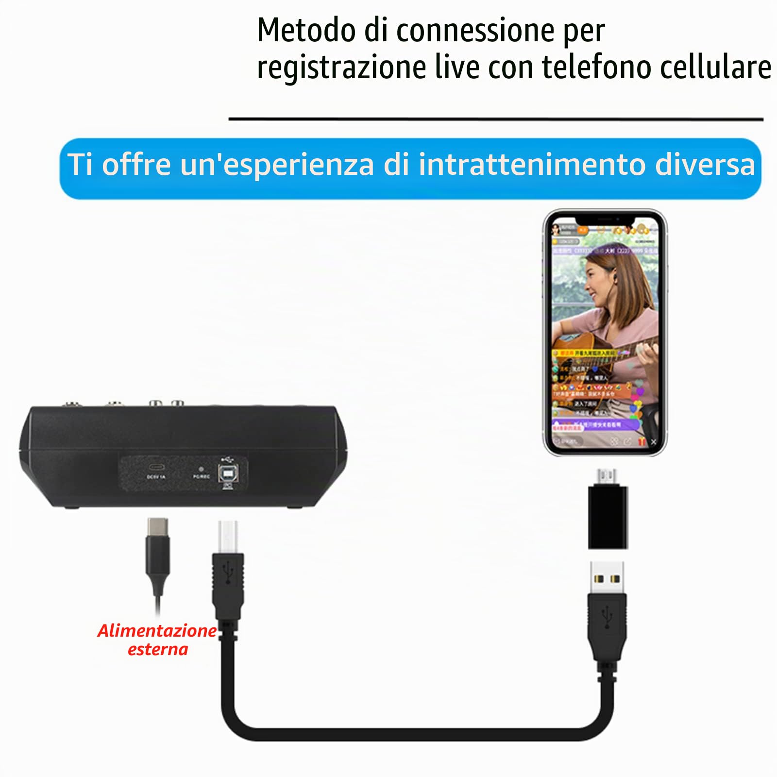 Console di mixaggio a 5 canali, console di mixaggio audio USB 48 V Phantom power, console di missaggio per microfono per computer, mixer audio per studio dal vivo e palcoscenico
