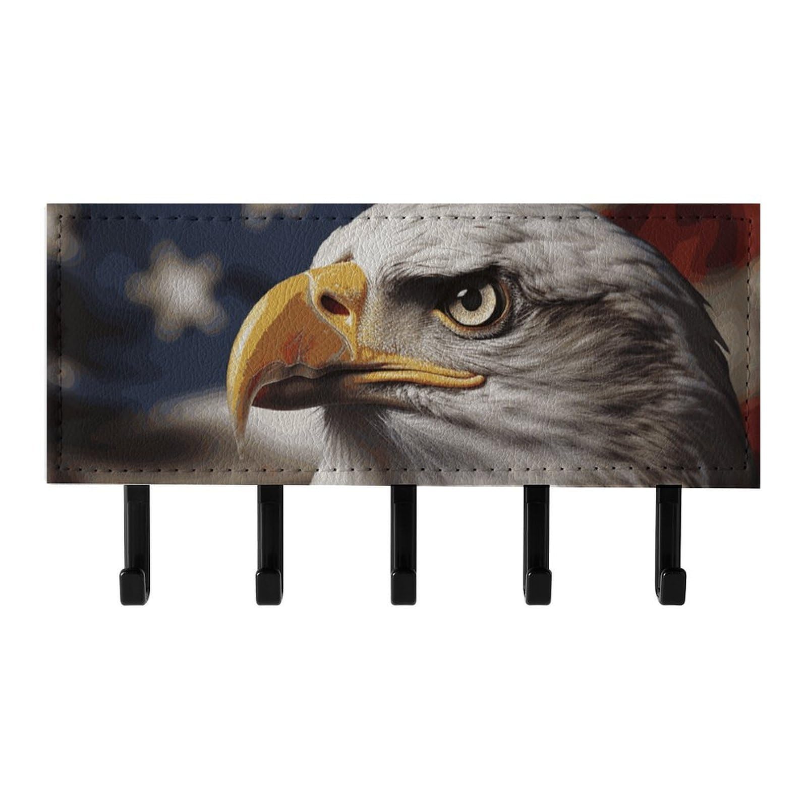 Fekiloot Black Bald Eagle Us Flag Pictures Key Holder For Wall Adhesive, No Drilling, Key Hooks With 5 Hooks Wall Mounted, Self Adhesive Keys Rack For Entryway, Hallway, Living Room, Kitchen, Office