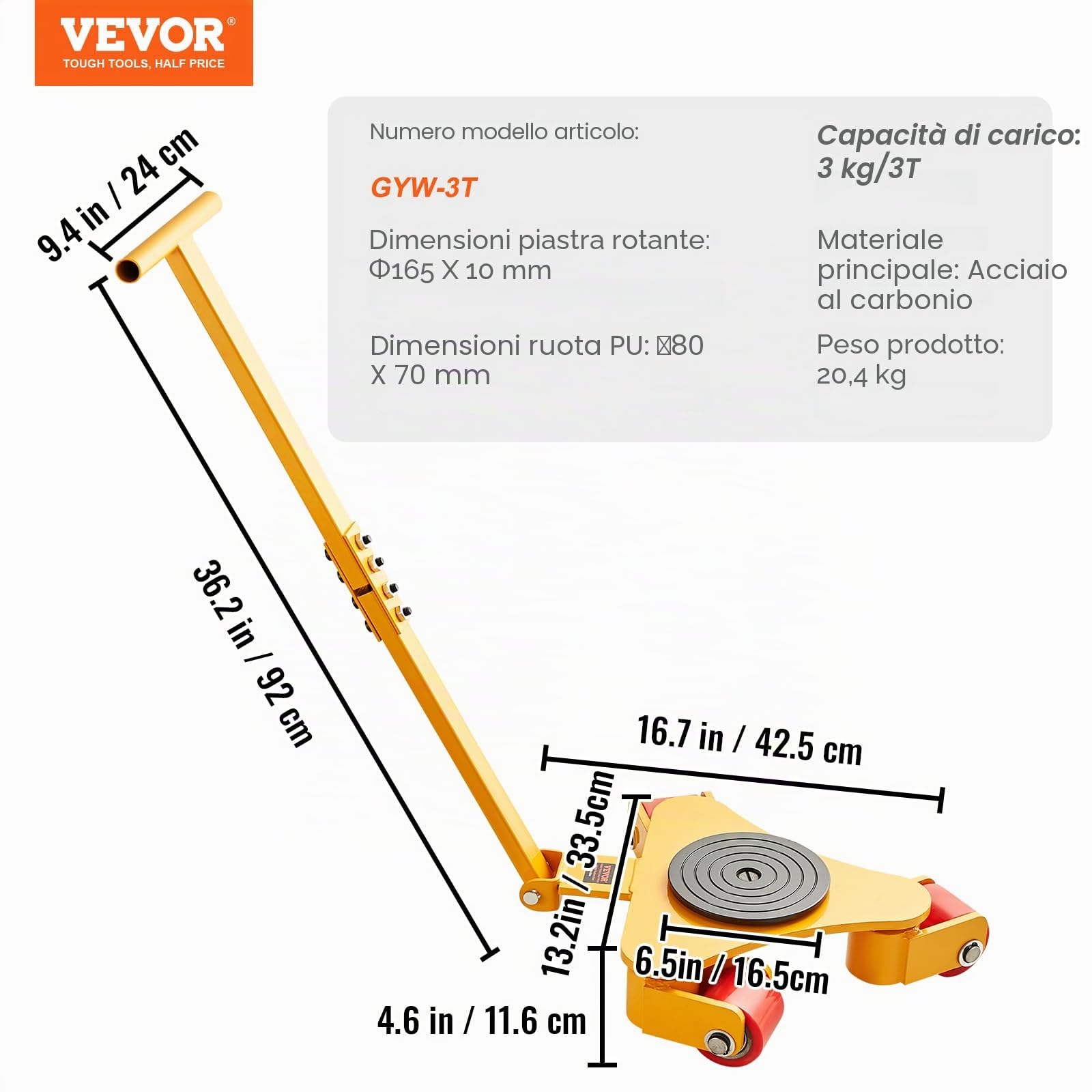 VEVOR Pattini a Rotelle per Trasporto di Carichi Pesanti Capacità Carico Max. 3 Tonnellate, Pattini in Acciaio al Carbonio Piattaforma Antiscivolo Rotazione da 360° con Maniglia da Magazzino Officina