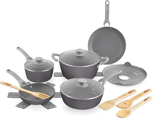 DASH Dream Green - Juego de utensilios de cocina de cerámica antiadherente, 15 piezas, gris pizarra, aluminio reciclado y cerámica, juego de