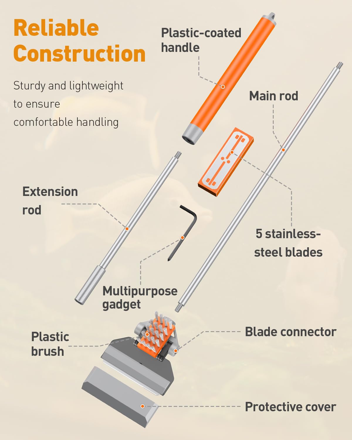 Pawfly 2 in 1 65cm Aquarium Algae Scraper-- Brush & Blade Together or Separate - Image 2