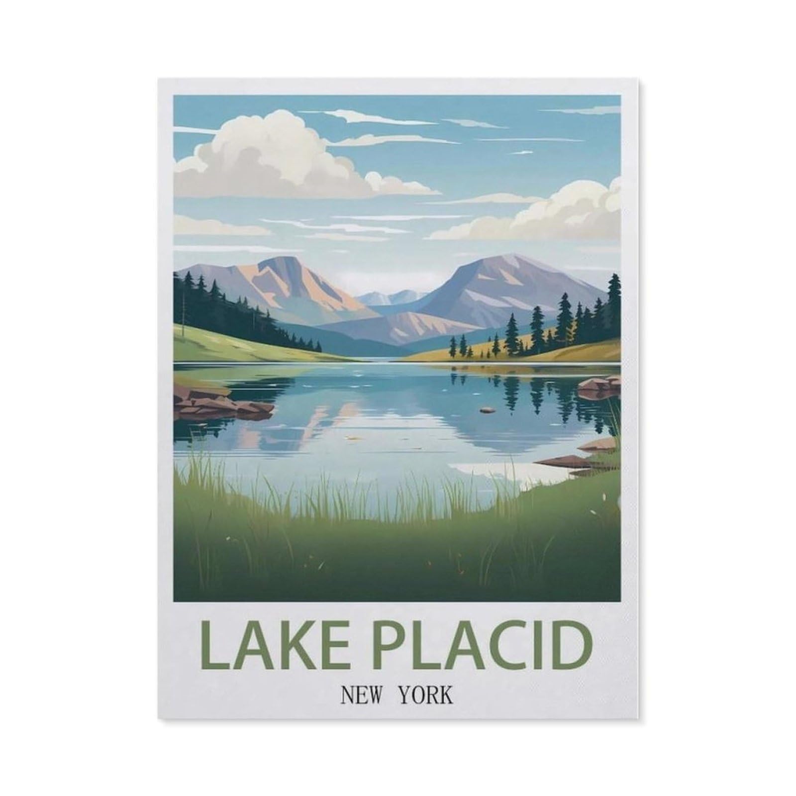 Beayodkp （50 X 60 Cm/19.68 X 23.62 Inches） 5D Diy Diamond Painting，Lake Placid New York Vintage Travel Posters，Art Living Room Wall Decoration Gift-Ce1
