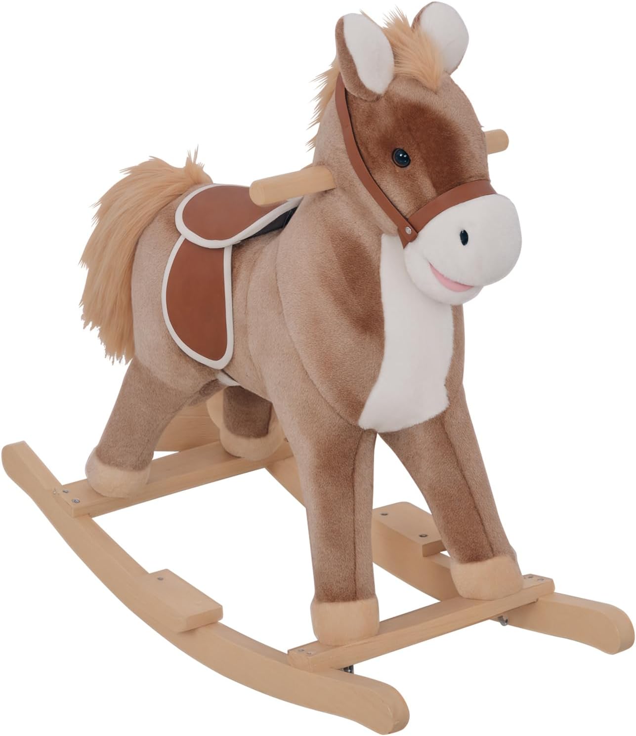 Qaba Kids Rocking Horse, Ride on Horse for Toddlers with Soft Plush Body, Wooden Base & Handle Grip for 3+ Year Old Boys and Girls, Brown