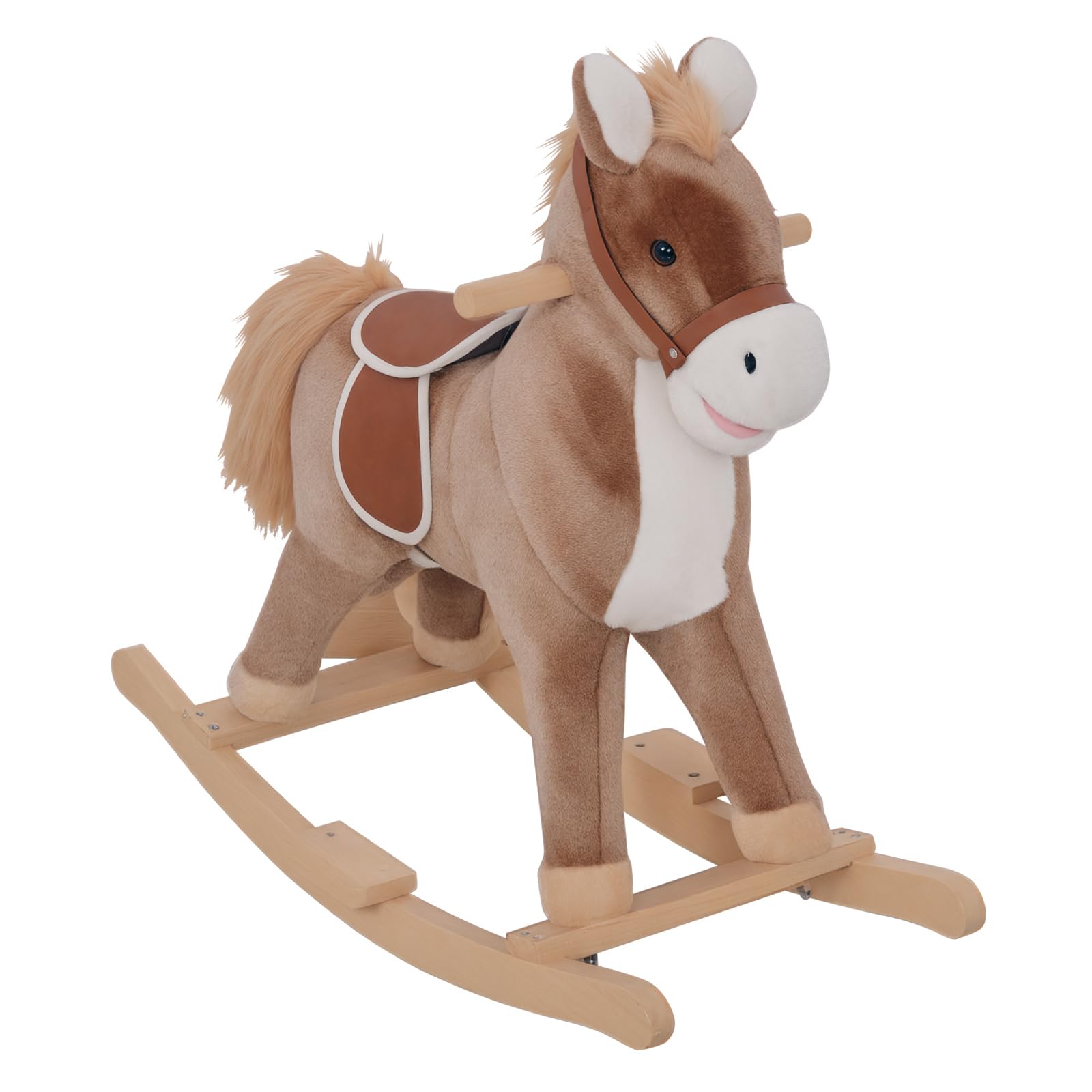 Qaba Kids Rocking Horse, Ride on Horse for Toddlers with Soft Plush Body, Wooden Base & Handle Grip for 3+ Year Old Boys and Girls, Brown