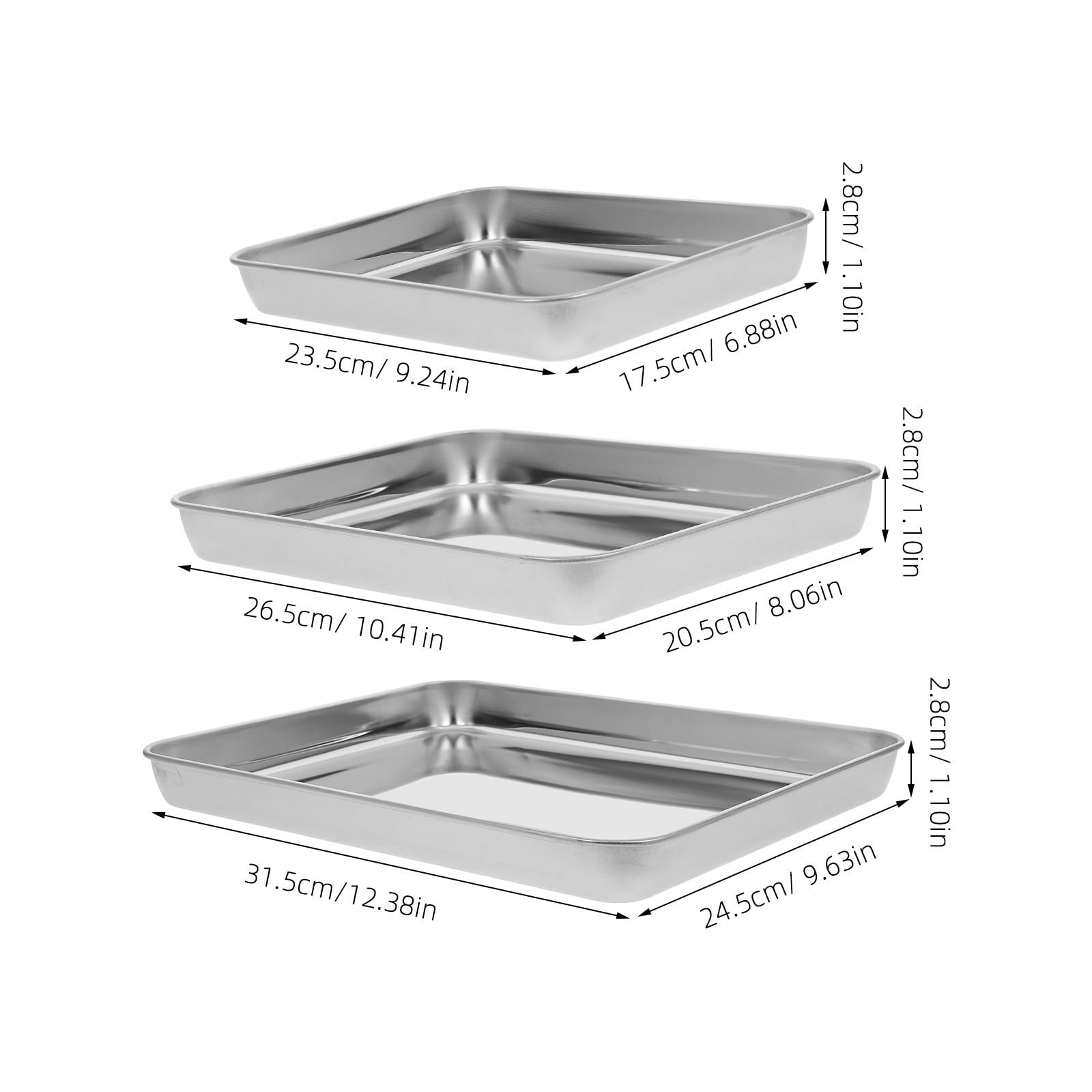 jojofuny Bandejas de Acero Inoxidable Diseño Plano y Bordes Redondeados Resistente y Multifuncional Juego de 3 para Hornear y Servir para Uso en Cocina y Barbacoa