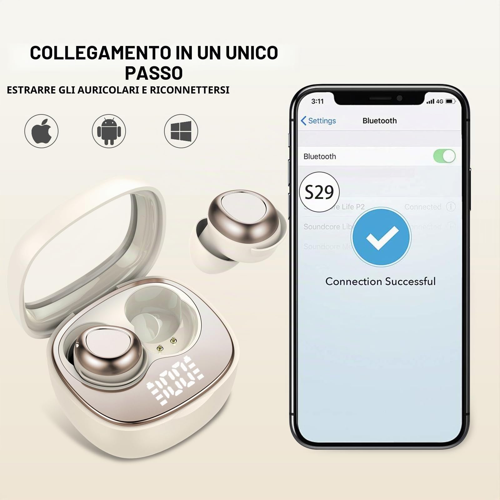 Doubc Mini cuffie per dormire, Bluetooth 5.4, in-ear, senza fili, con 25 ore di autonomia, morbide, suono delicato, comode da indossare, senza sensazione di pressione, beige