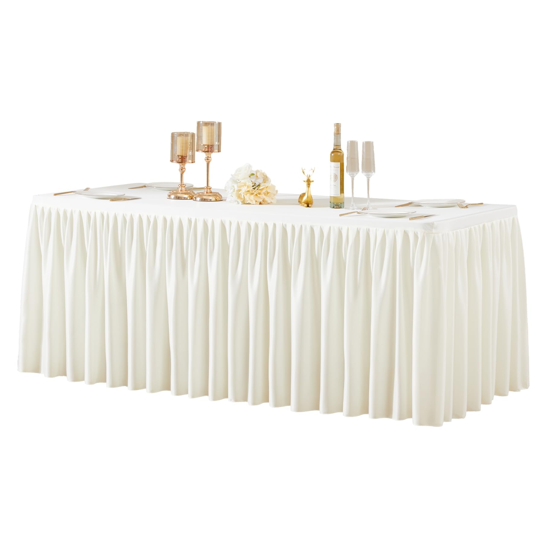 Photo 1 of 1 Pack Ivory Rectangle Table Clothes for 8 Foot Tables, Polyester Wrinkle Free Fitted Tablecloths 8ft Stretch Table Cover with Skirt for Wedding, Birthday, Parties, Trade Show, Craft Show