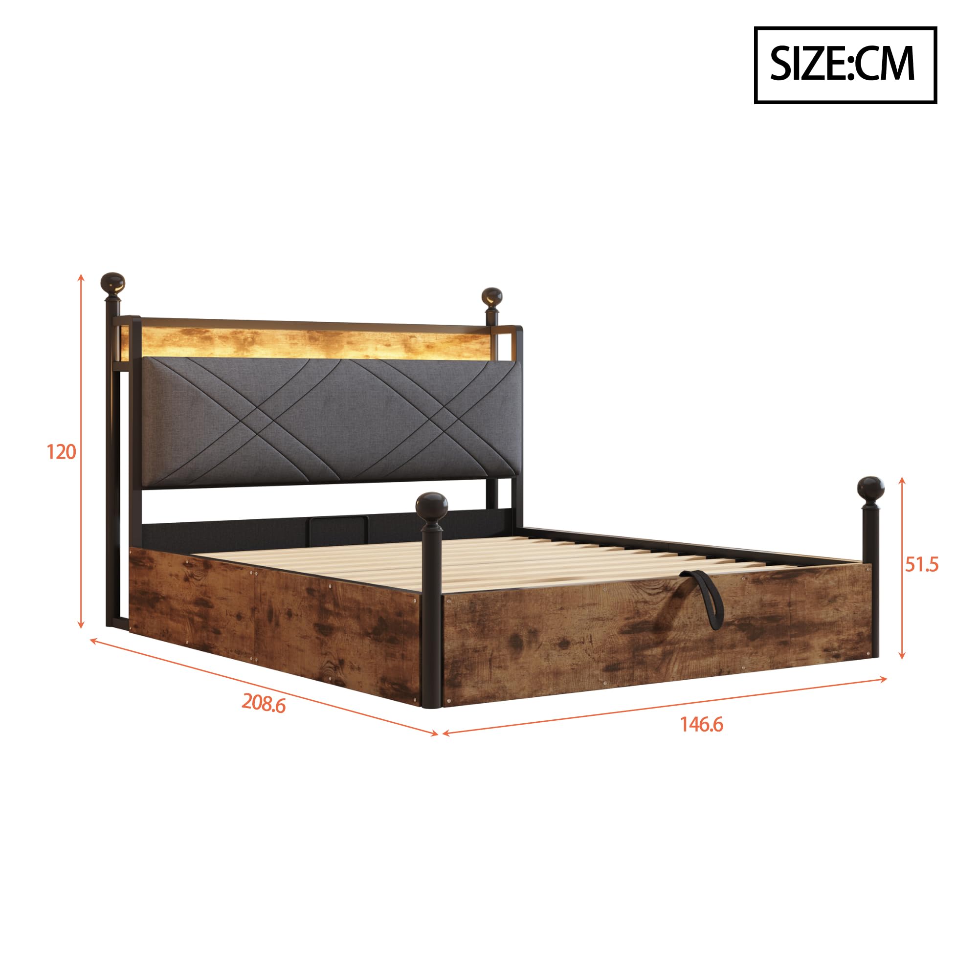 Multifunktionales Bett,mit Stauraum und schmiedeeisernem Baldachin,mit abnehmbaren Bettpfosten mit LED und USB-/Typ-C-Ladeanschlüssen,Eiseneinzelbett. (schwarz mit Hydraulisch Bettstauraum, 140*190cm)