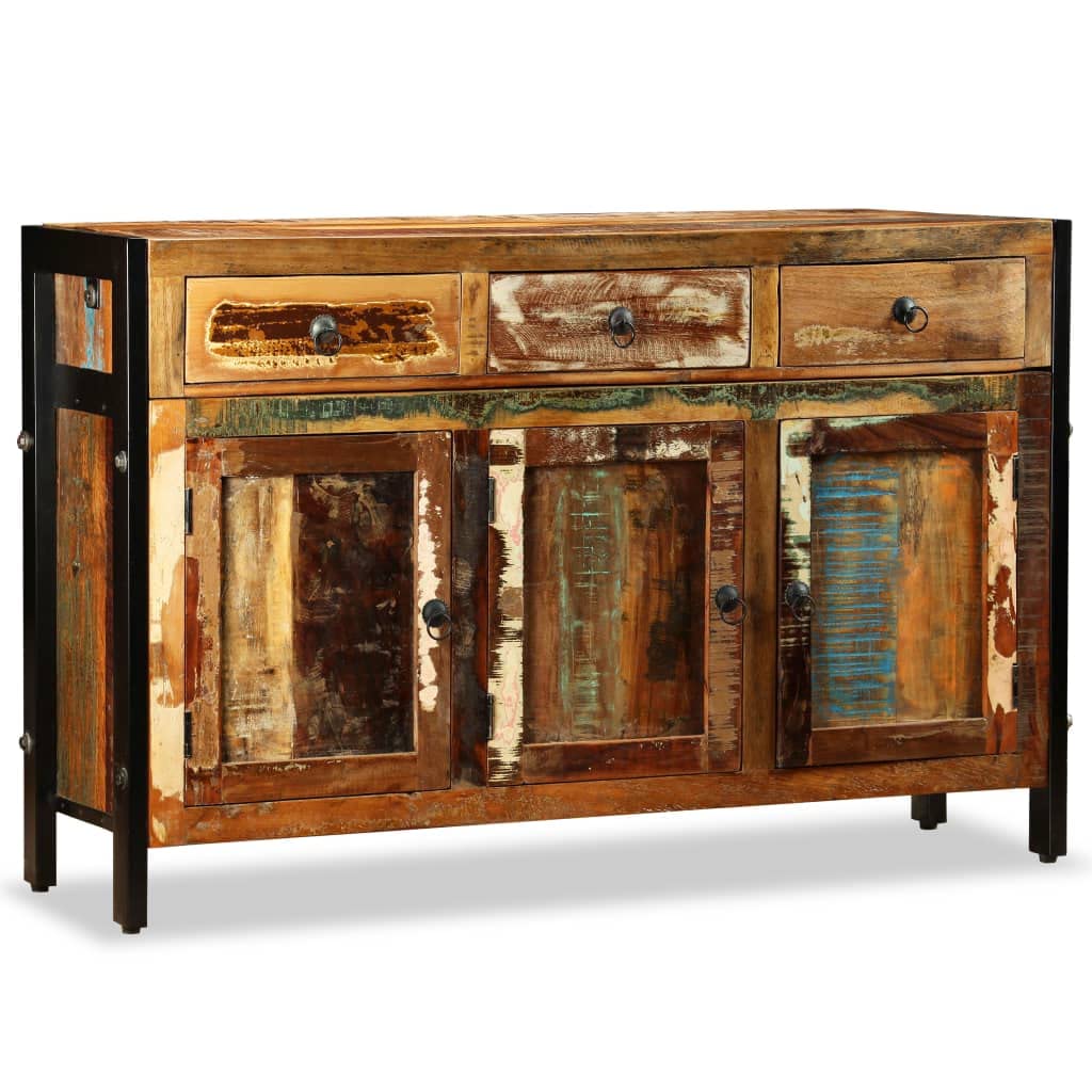 Buffet en bois recyclé massif 120 x 35 x 76 cm fait main avec trois tiroirs de style vintage