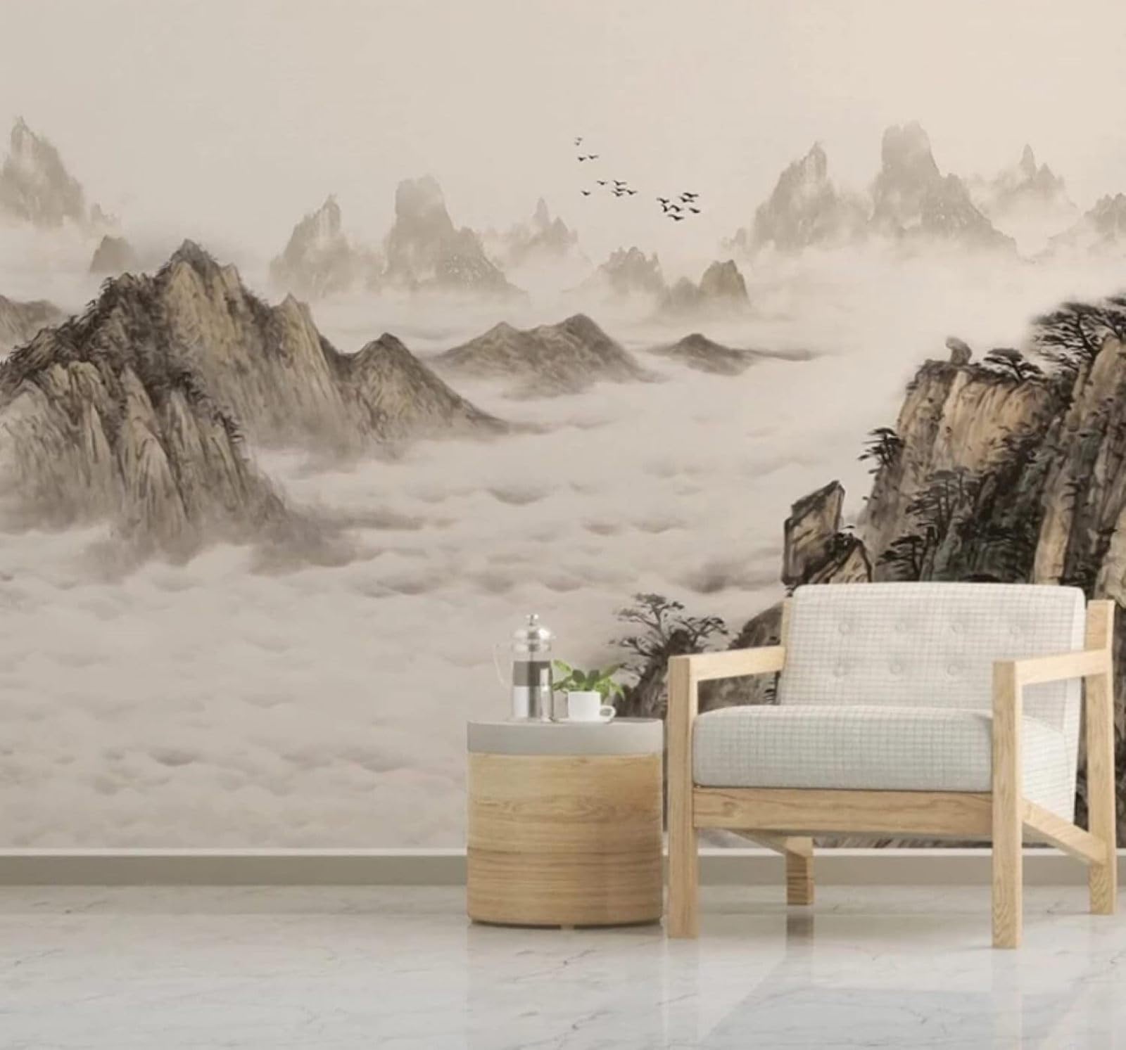 XLMING Abstract Ink Landscape Birds in Flight Scenery 3D Wallpaper Luxury Silk Study Dining Feature Sofa Grey Bedroom Living Room Tv Decorative Wall-300cm×210cm