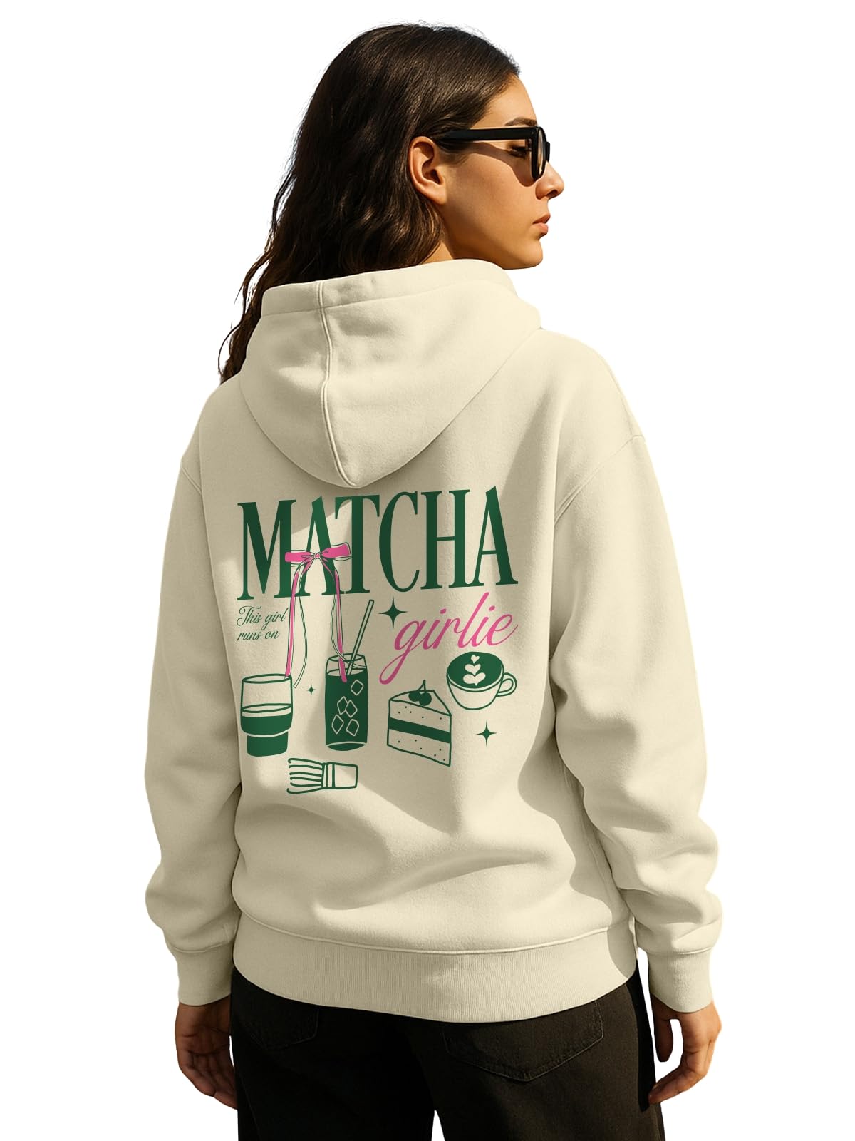 JUNEBERRY Poliestrowa bawełna krój oversize opadające ramię bluza z kapturem z długim rękawem z nadrukiem graficznym damska bluza z kapturem (kolor: Marshmellow, różowy, czarny i czerwony)