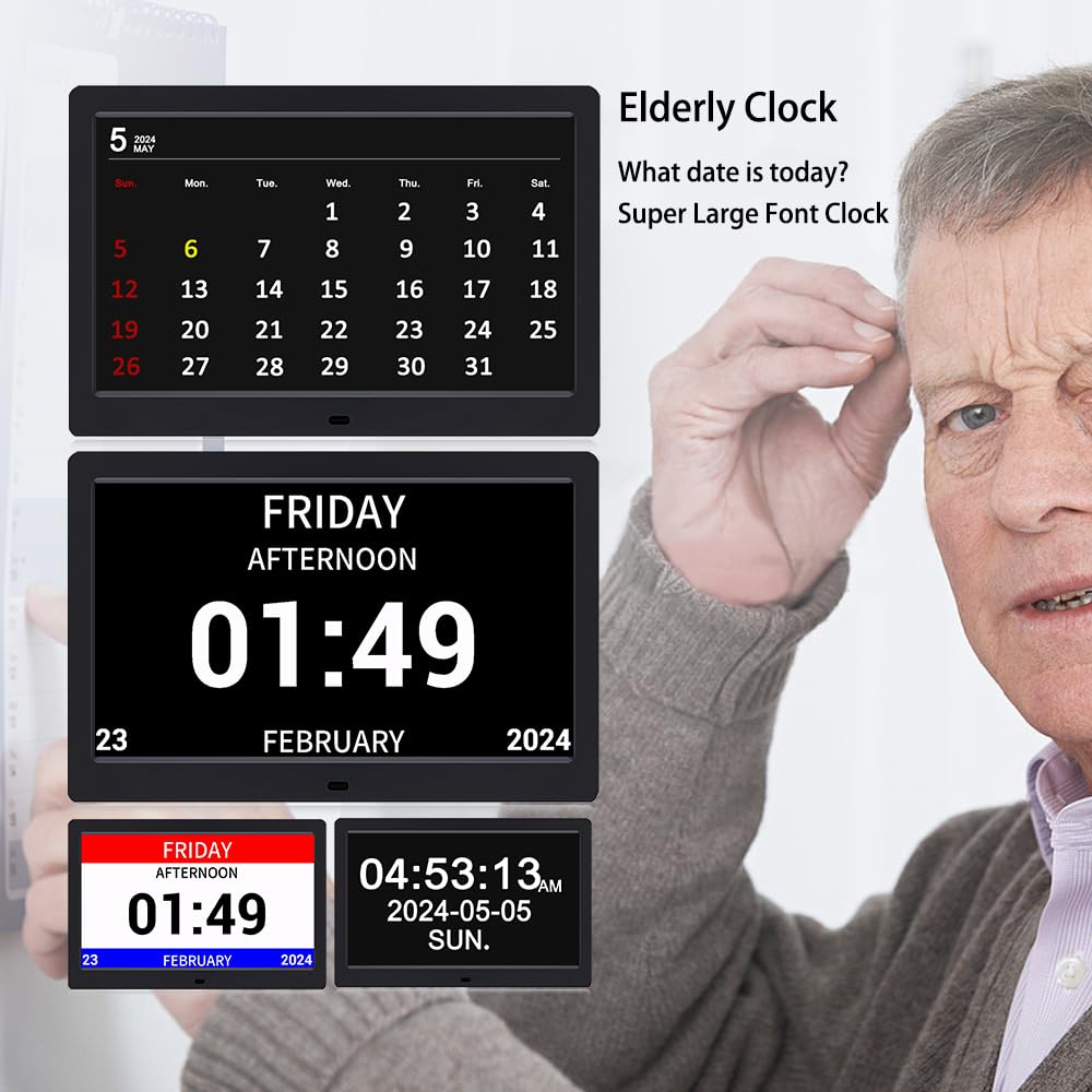Reloj de calendario digital con alarma de día y fecha, con temperatura climática, humidificación, demencia, Alzheimer, ancianos, regulable, automático, 8 opciones de alarma (10.1 pulgadas