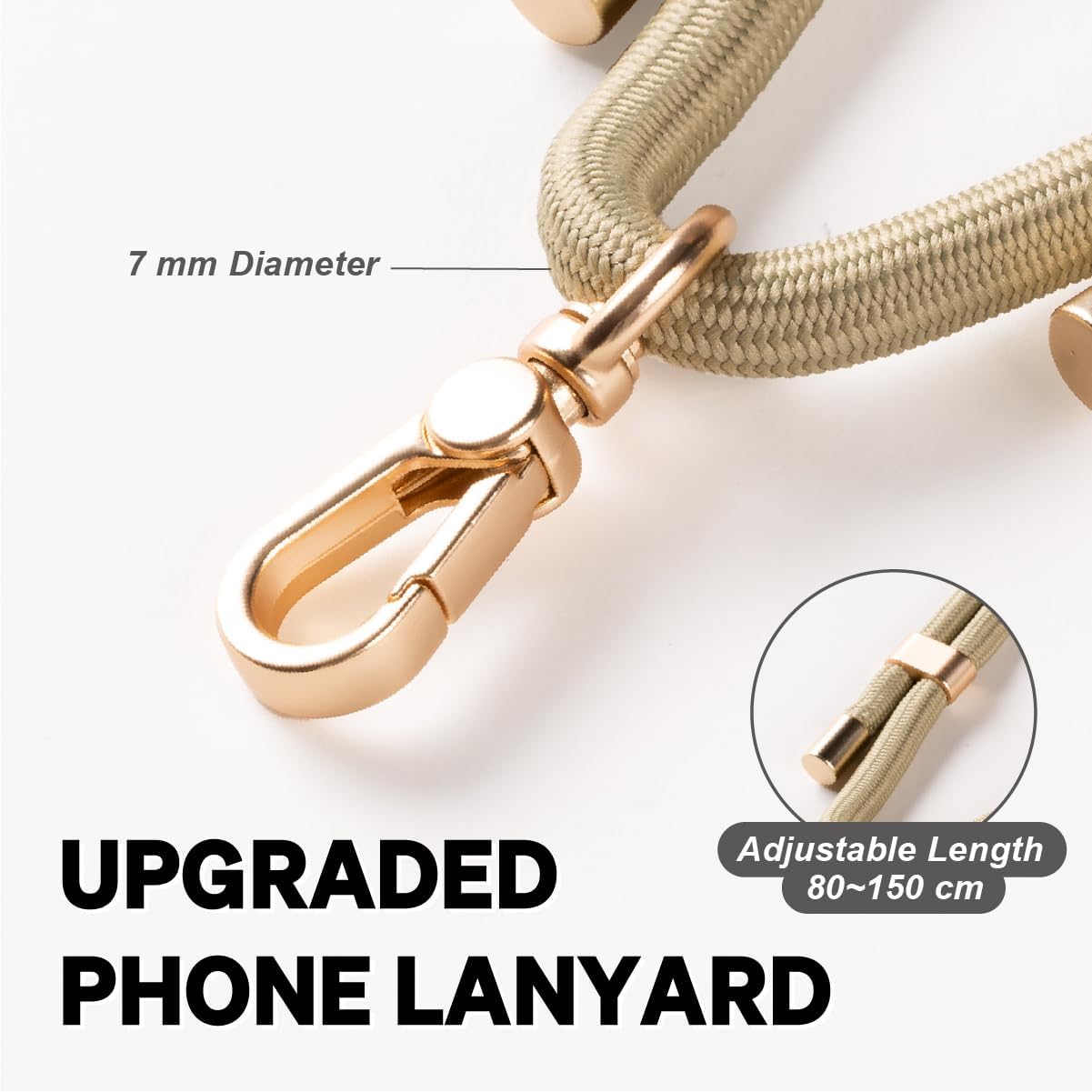 Universal 7mm Phone Lanyard for iPhone 17 Pro Max & Most Smartphones, Thick Rope Adjustable Anti-Theft Crossbody Cell Phone Strap with Non-Adhesive Tether Tab for Men & Women, Olive Green/Matte Gold - Image 2